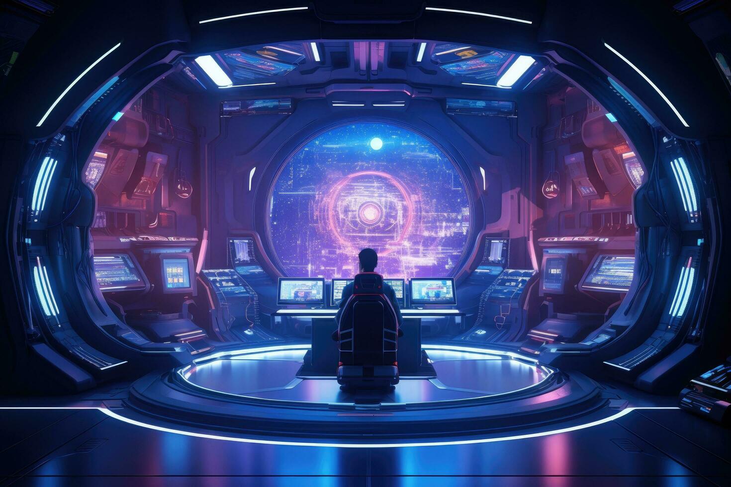 AI generated 3D rendering of a dark blue spaceship interior with neon lights, Futuristic spaceship interior with glowing neon lights and a man, 3D rendering, AI Generated photo