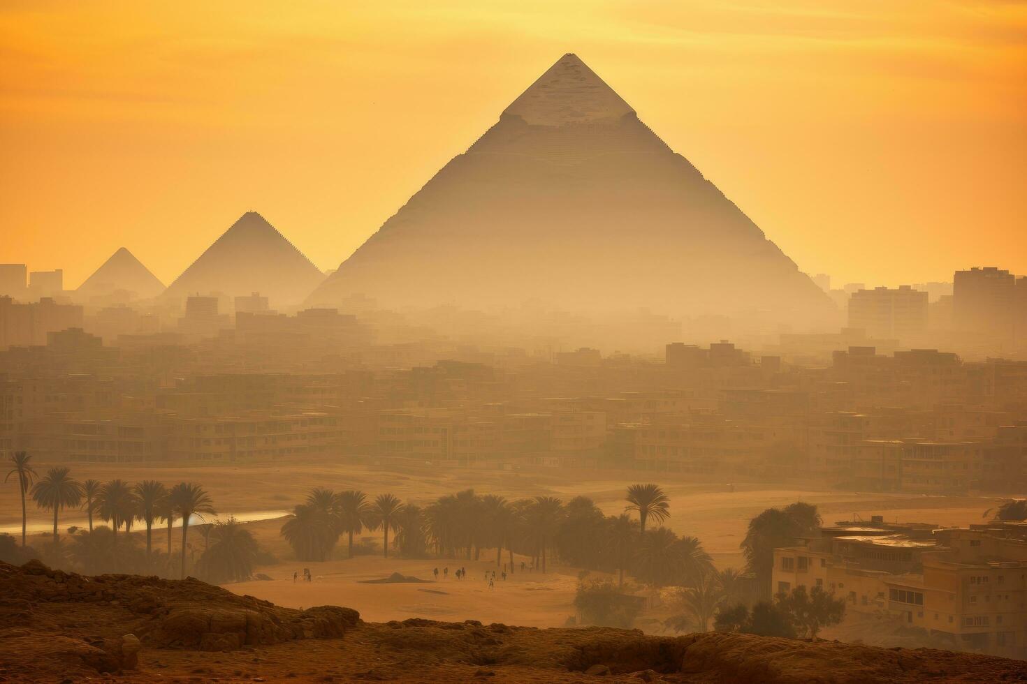 ai generado egipcio pirámides en giza a amanecer, El Cairo, Egipto, Egipto, El Cairo - giza, general ver de pirámides y paisaje urbano desde el giza meseta, ai generado foto