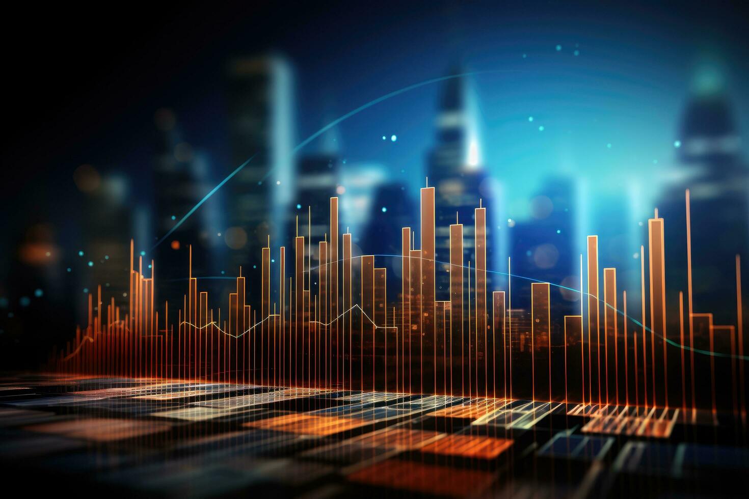 AI generated Futuristic cityscape background with glowing forex chart. 3D Rendering, Financial stock market graph on a technology abstract background, AI Generated photo