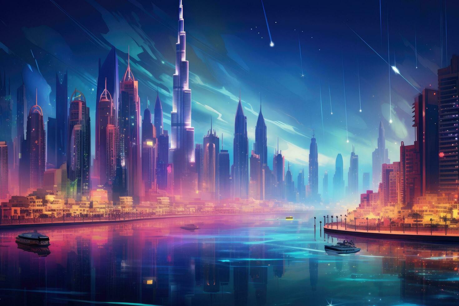 AI generated Futuristic city at night with skyscrapers and reflection in water, Dubai city by night, AI Generated photo