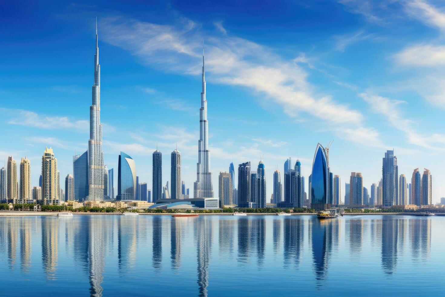 AI generated Dubai skyline with skyscrapers reflected in water, United Arab Emirates, Dubai Business Bay panoramic view, UAE, AI Generated photo