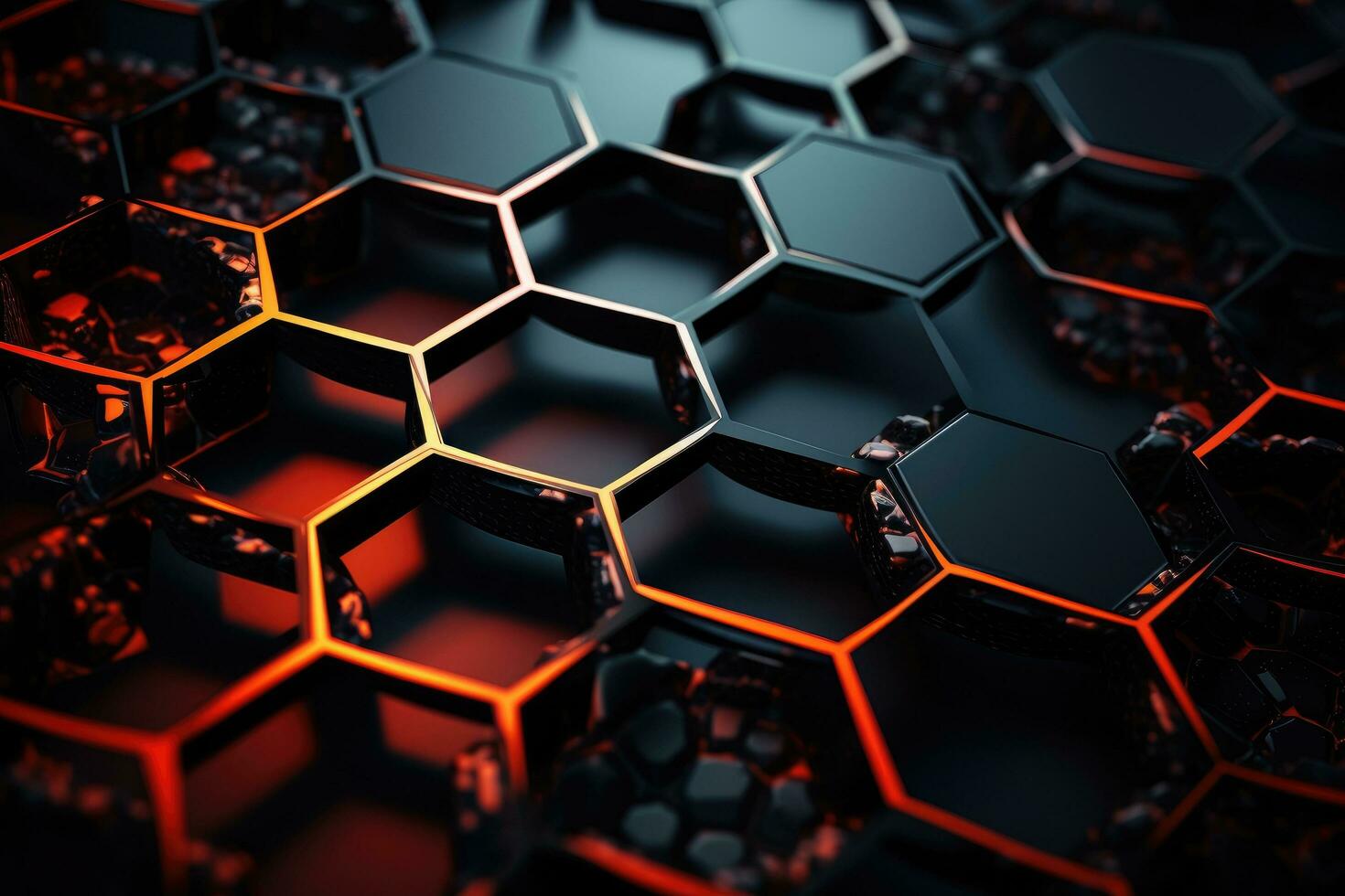 AI generated Abstract black and orange hexagon background. 3d render illustration, Futuristic, High Tech, Black background, with a hexagonal cellular structure, AI Generated photo