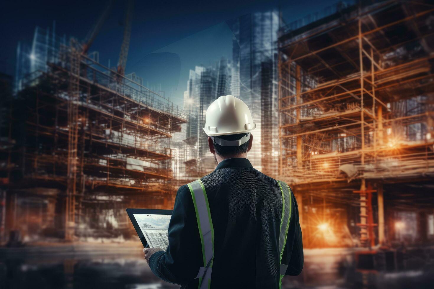 AI generated Back view of male engineer working with digital tablet on construction site background, Double exposure of an engineer or architect, viewed from the rear, working with, AI Generated photo