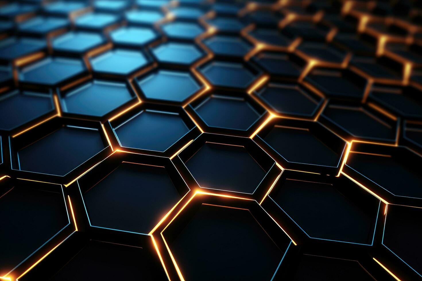 AI generated 3d rendering of abstract background with hexagons in black and orange, Futuristic, High Tech, Black background, with a hexagonal cellular structure, AI Generated photo