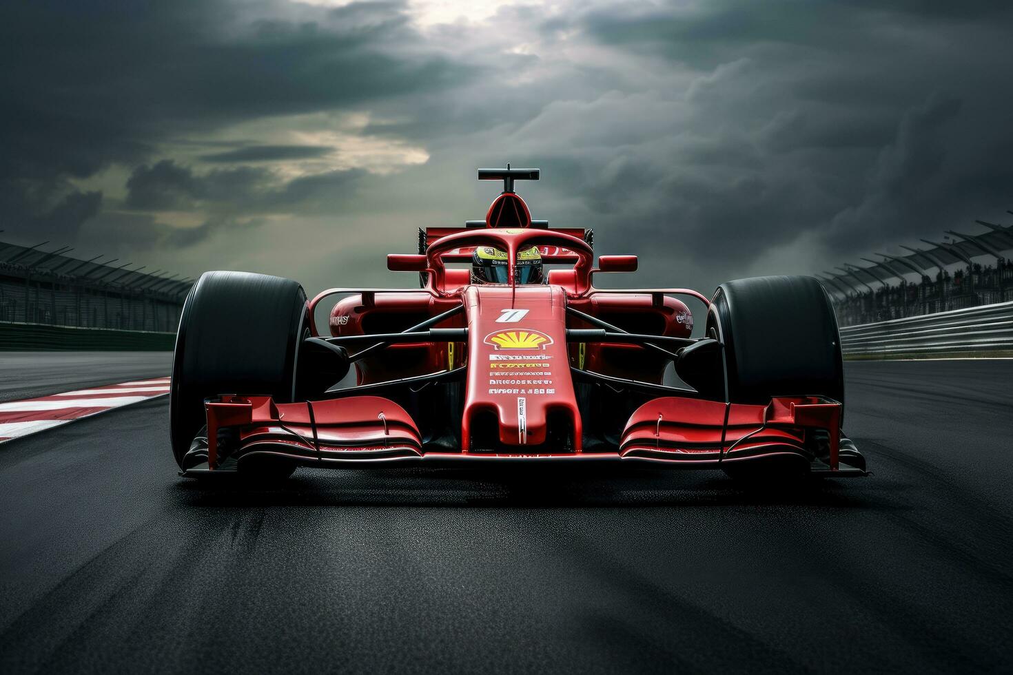 ai generado ferrari f1 carrera coche en pista. 3d representación, ferrari f1 en el pista, deporte coche carreras fórmula uno en el carrera pista, ai generado foto