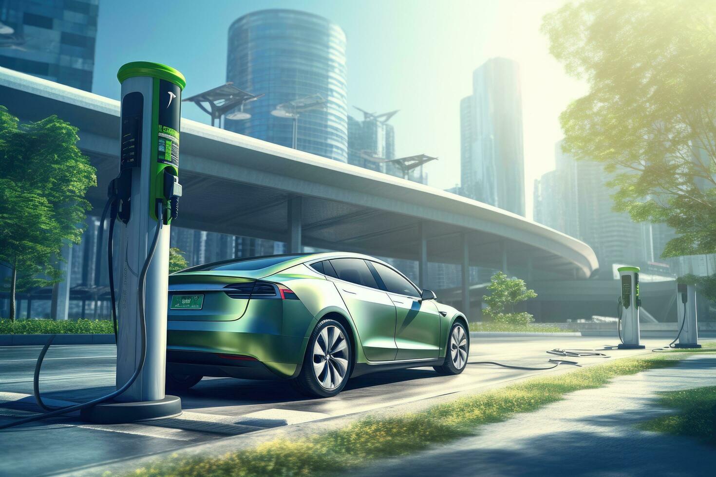 AI generated Green electric car charging at a charger station. 3D rendering, Electric car charging station, Sustainable transportation and charging solutions for a greener world, AI Generated photo