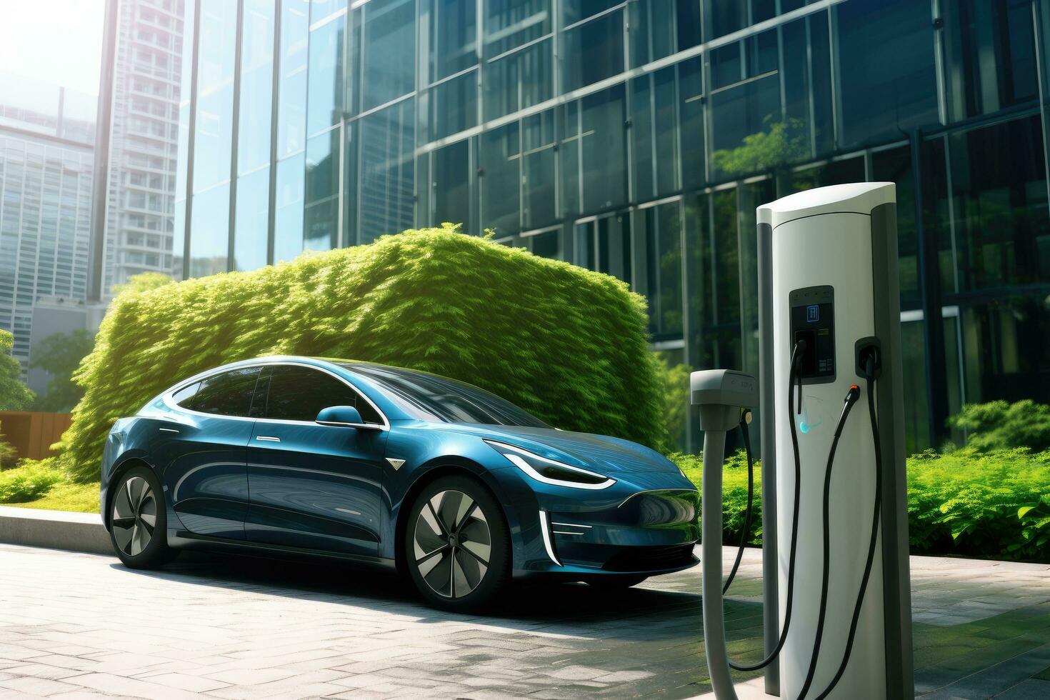 AI generated Electric car charging in a modern city. 3d rendering toned image, Electric car charging station, Sustainable transportation and charging solutions for a greener world, AI Generated photo