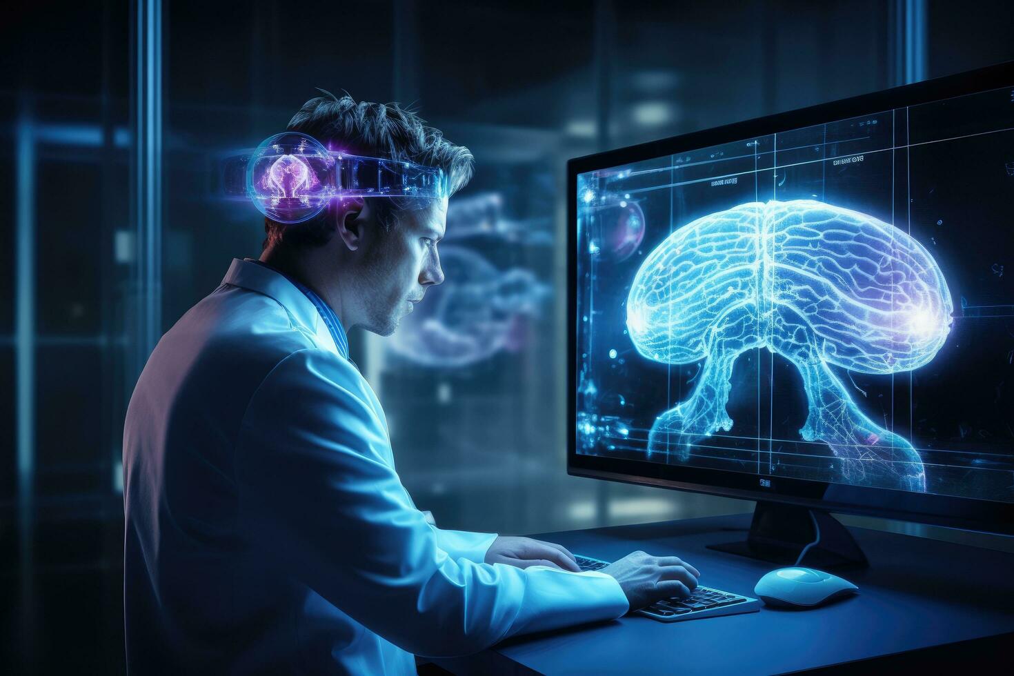 ai generado joven hombre en virtual realidad auriculares utilizando computadora con cerebro holograma 3d representación, médico comprobación cerebro pruebas resultado con un computadora interfaz, abstracto, ai generado foto