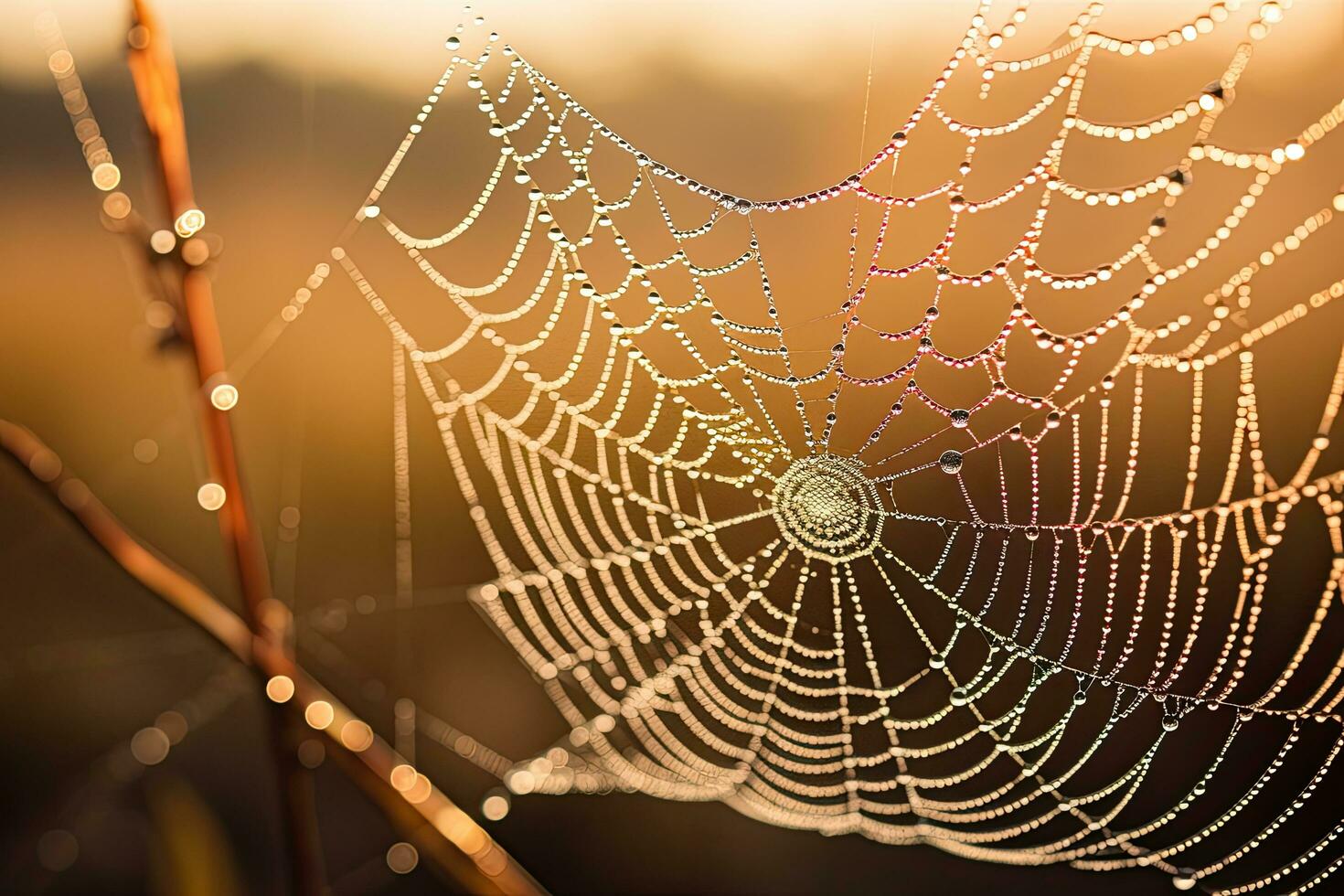 AI generated spider web with dew drops in the morning. shallow depth of field, AI Generated photo