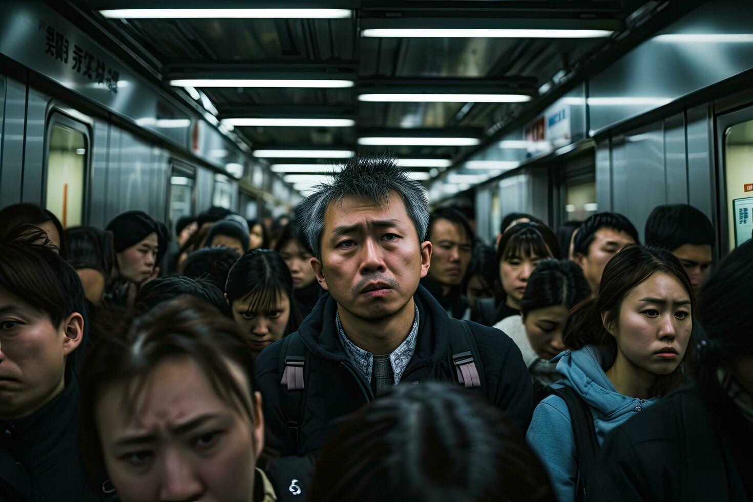 AI generated Unidentified people in Hong Kong subway, AI Generated photo