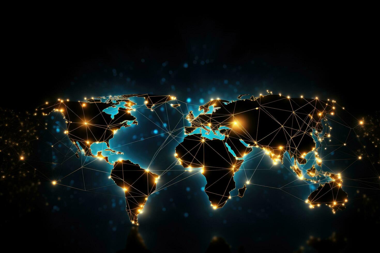 ai generado resumen brillante digital mundo mapa en oscuro antecedentes. 3d representación, ai generado foto