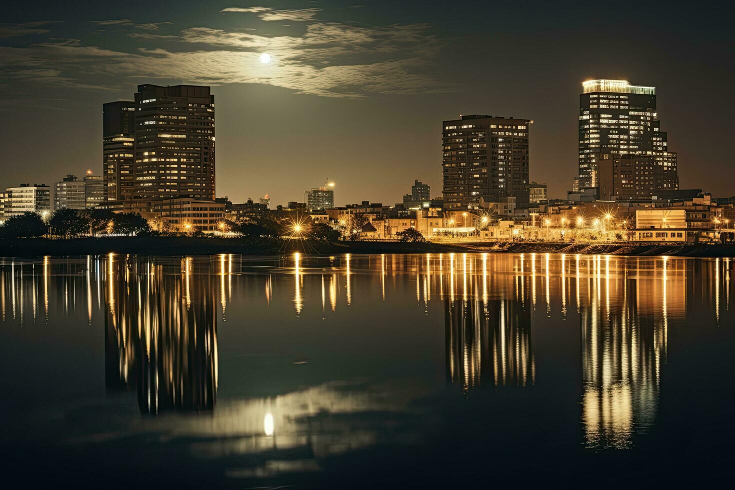 AI generated Cityscape at night with reflection in the lake, Bangkok, Thailand, AI Generated photo