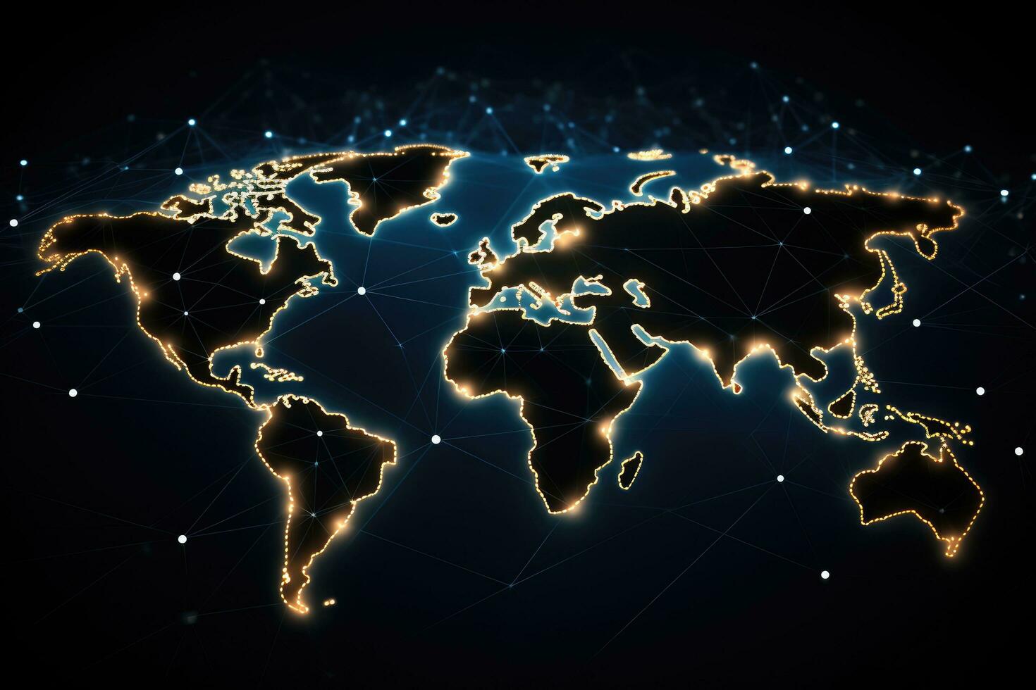 ai generado resumen poligonal mundo mapa con brillante puntos y líneas en oscuro fondo, ai generado foto