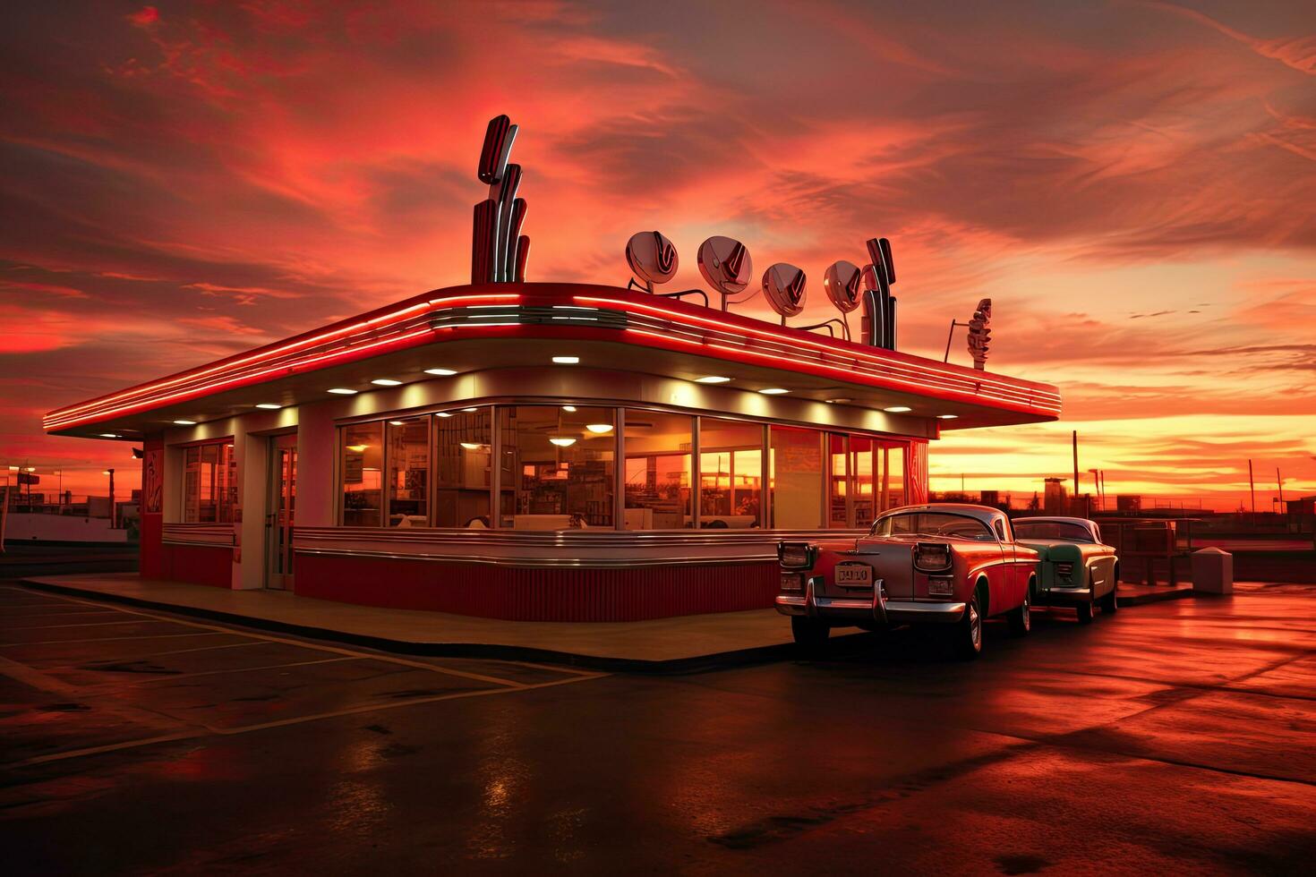 ai generado antiguo gas estación a puesta de sol con rojo cielo y nubes, EE.UU, ai generado foto