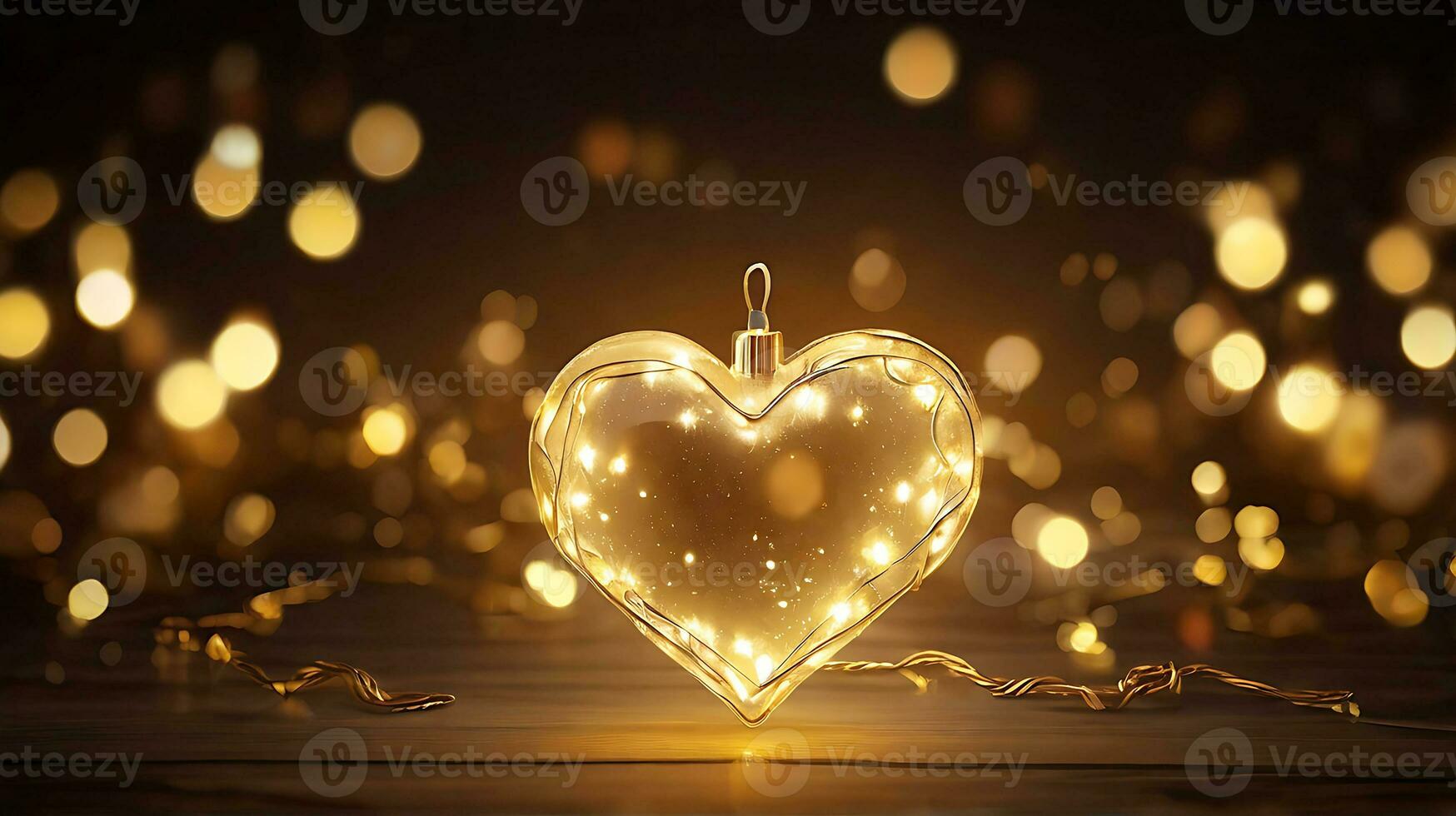 AI generated golden christmas lights with heart line black background, New year and Valentine concept. gold abstract heart shape background for valentine and Christmas. photo