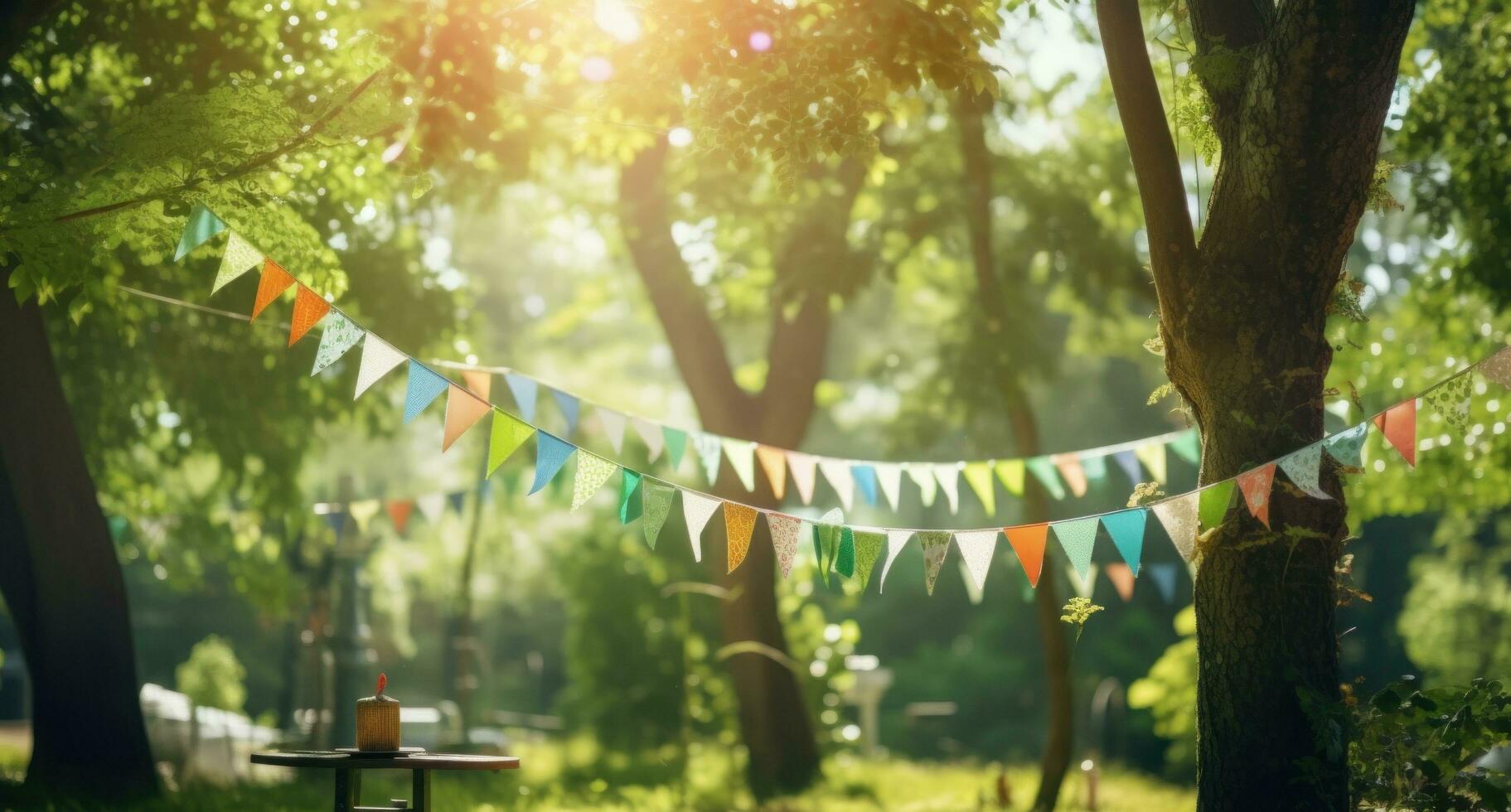 AI generated colored buntings hang in the sunlight, in a sunny day photo