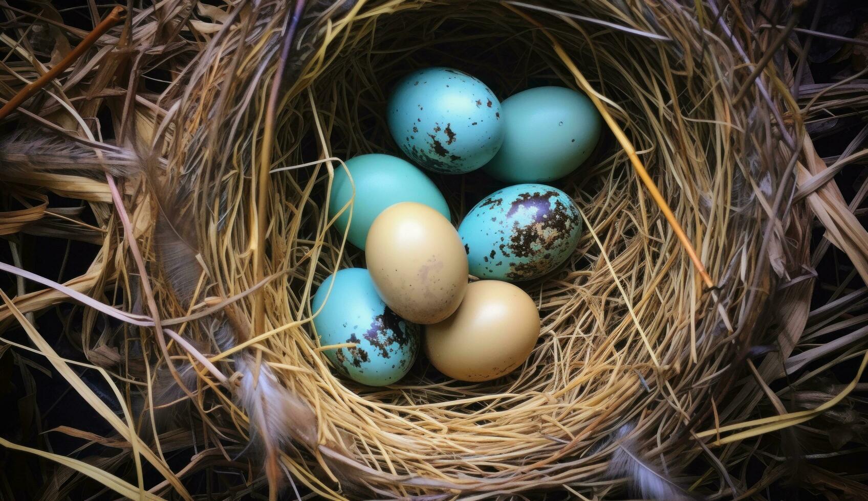 AI generated colorful eggs in a nest are nestled on green grass photo