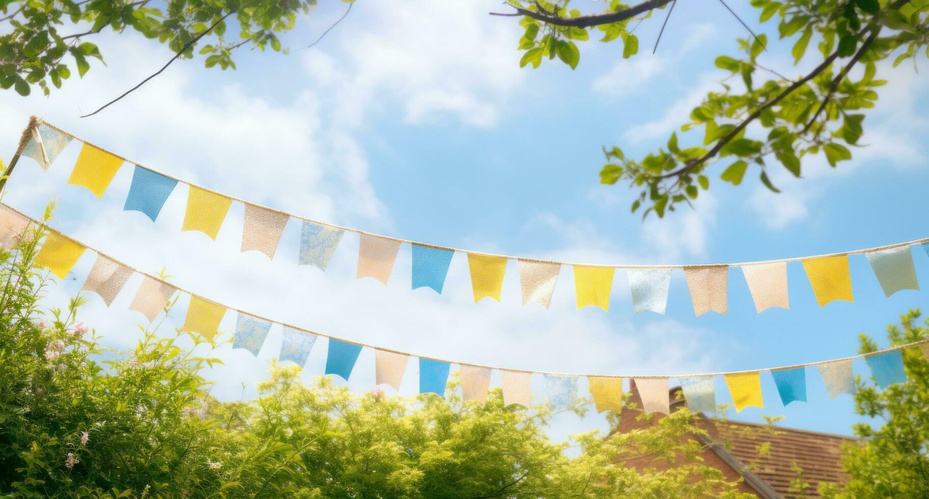 AI generated colourful bunting on a blue sky, photo