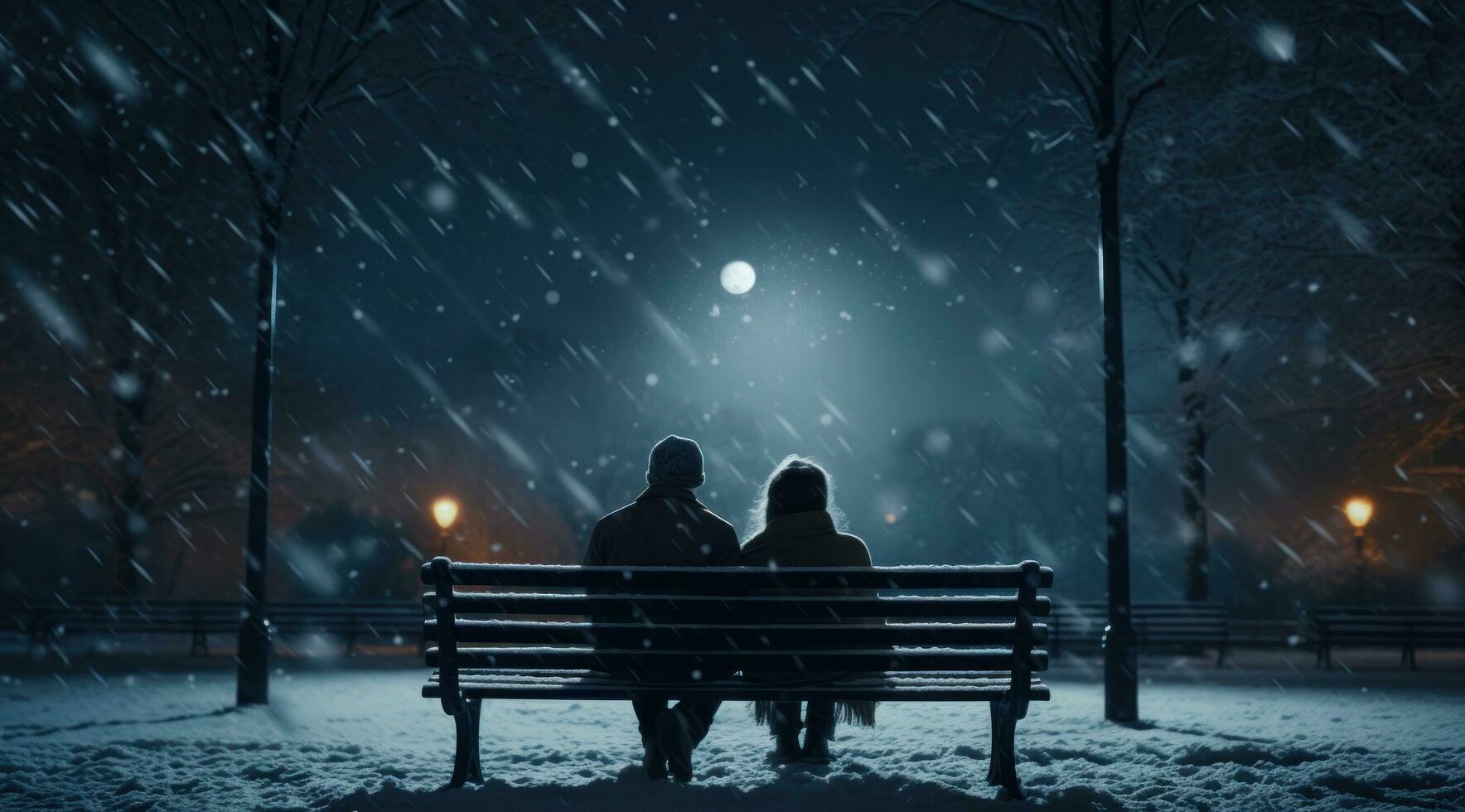 AI generated couple watching snow snow falling on the park bench with snow falling as it's getting dark photo