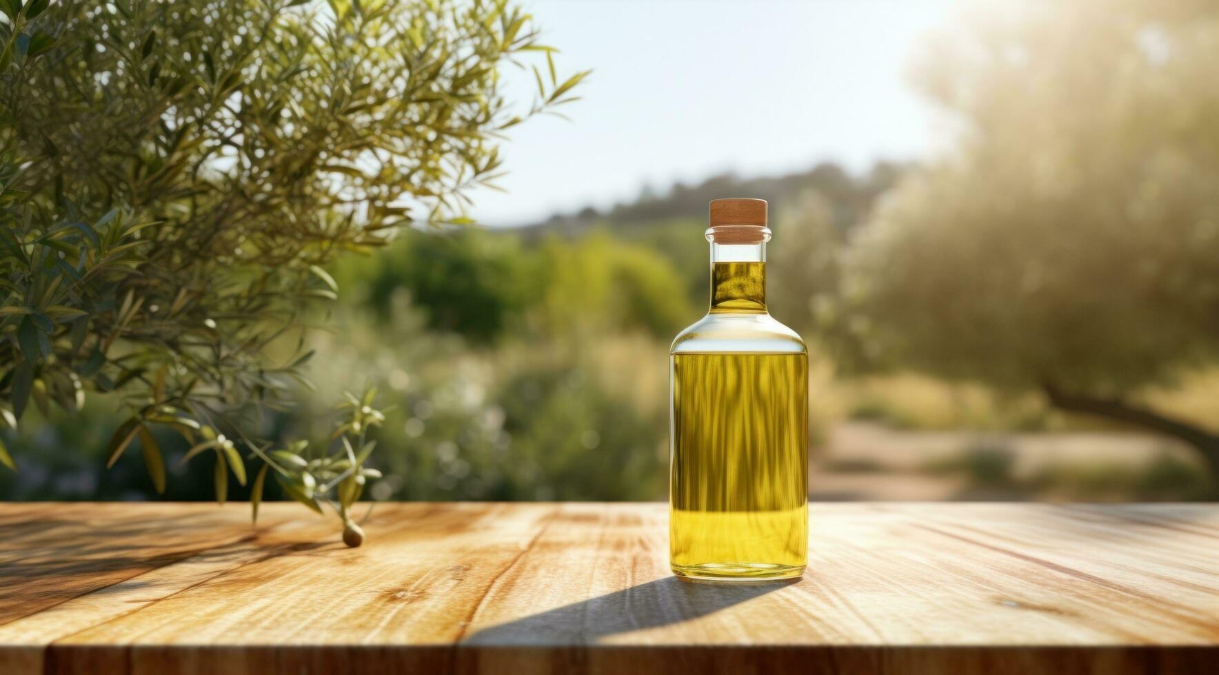 AI generated olive oil bottle on a wooden table in the orchard photo