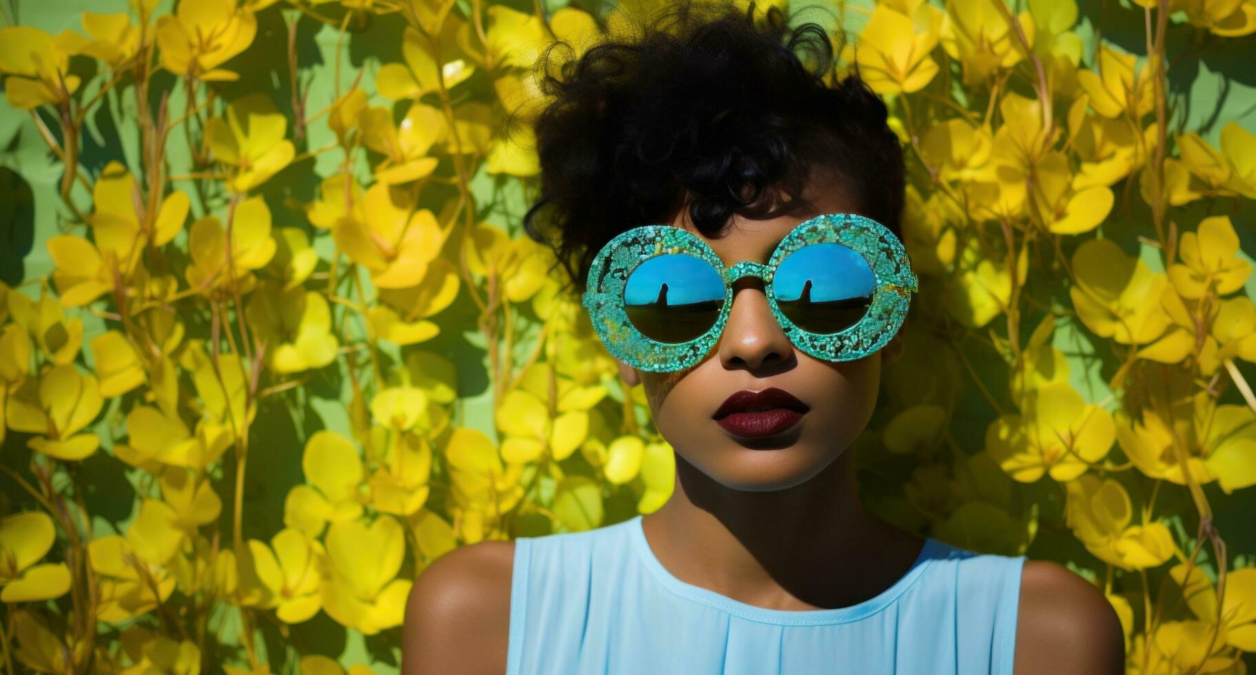 AI generated model wearing yellow sunglasses behind green grass background photo