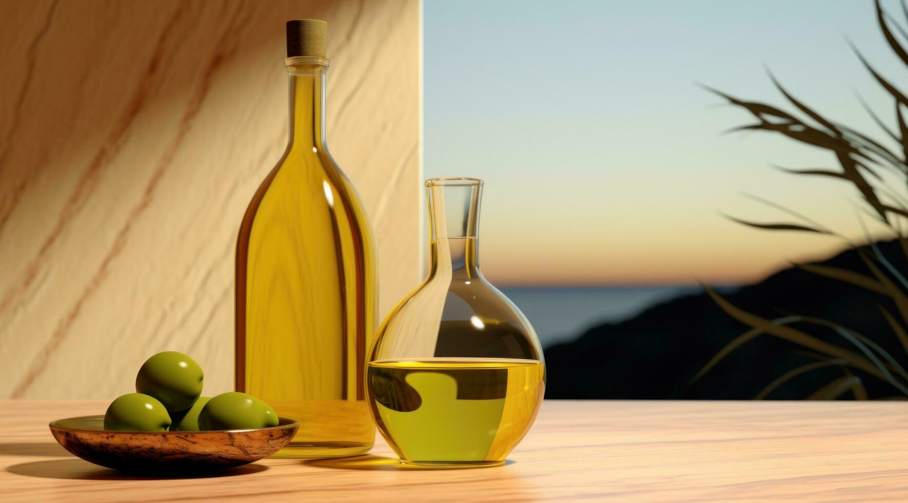 AI generated olive oil bottle on a wooden table in the orchard photo