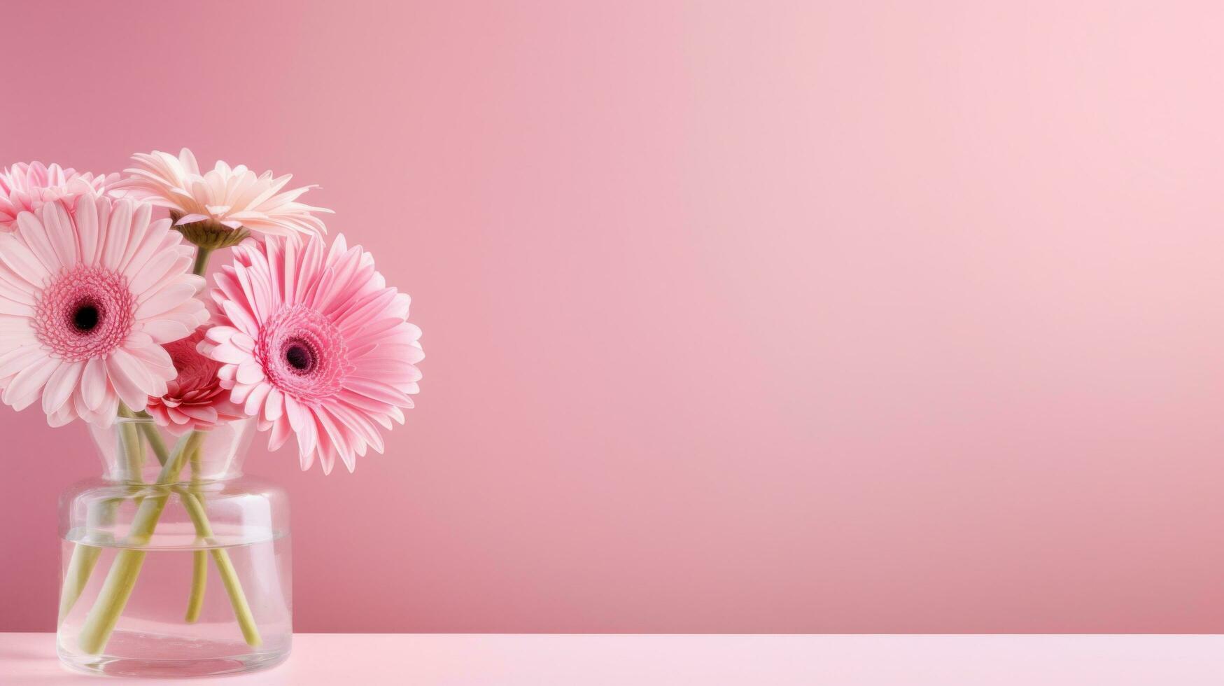 AI generated pink pastel valentines day background with copy space and gerbera flowers in glass vase photo