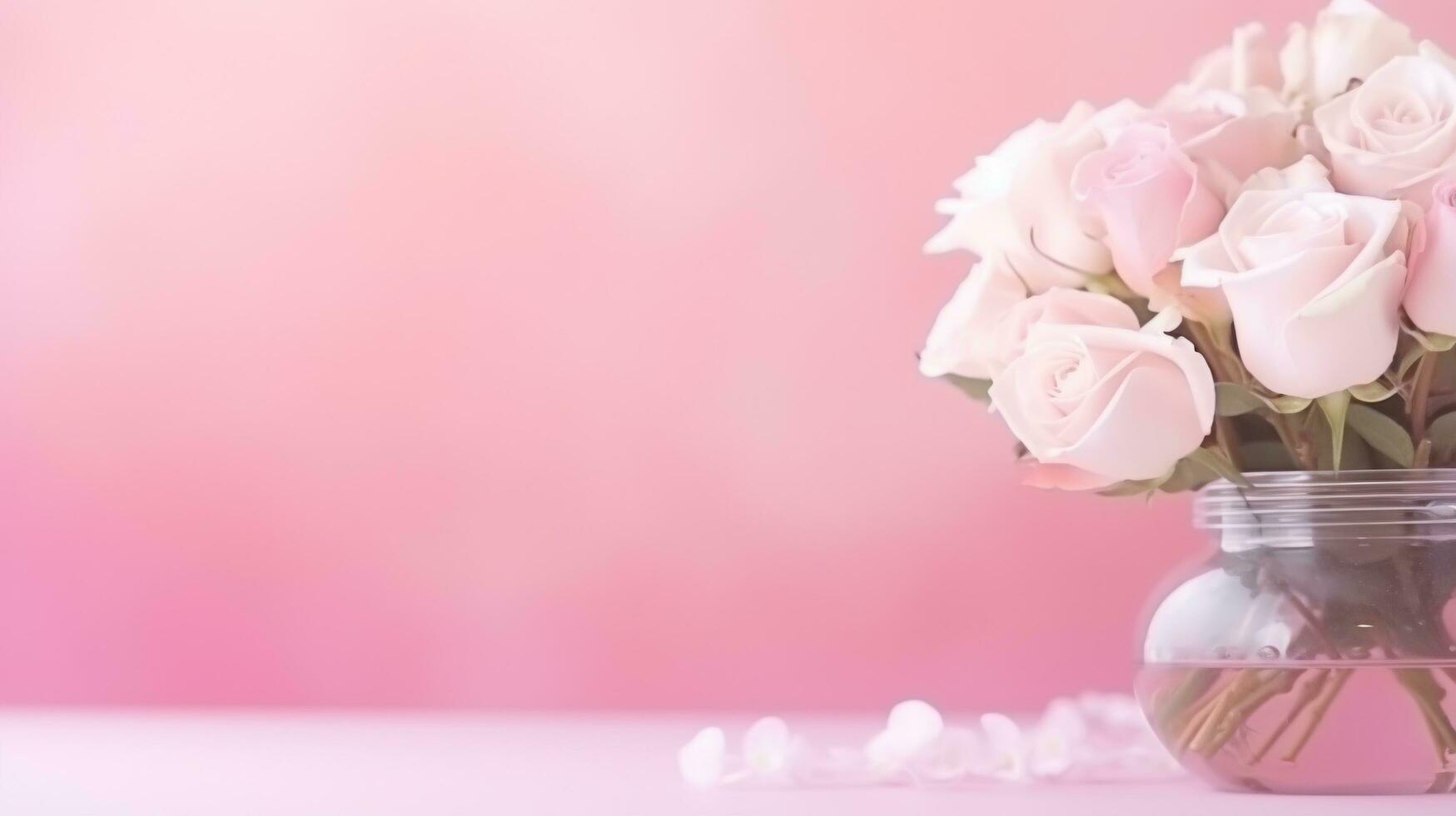 AI generated pink pastel valentines day background with copy space and gerbera flowers in glass vase photo