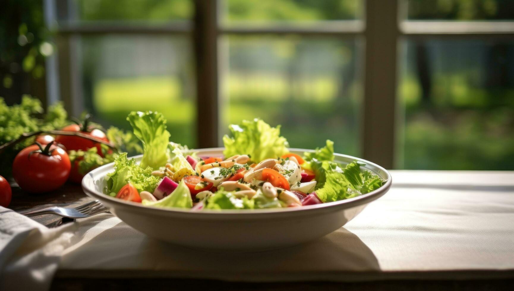 AI generated salad on a plate outside by window photo