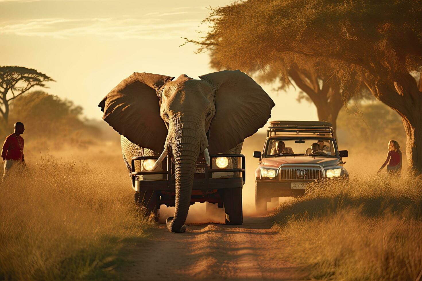 AI generated African safari in Kenya, Africa. Tourists with an elephant on the road, AI Generated photo