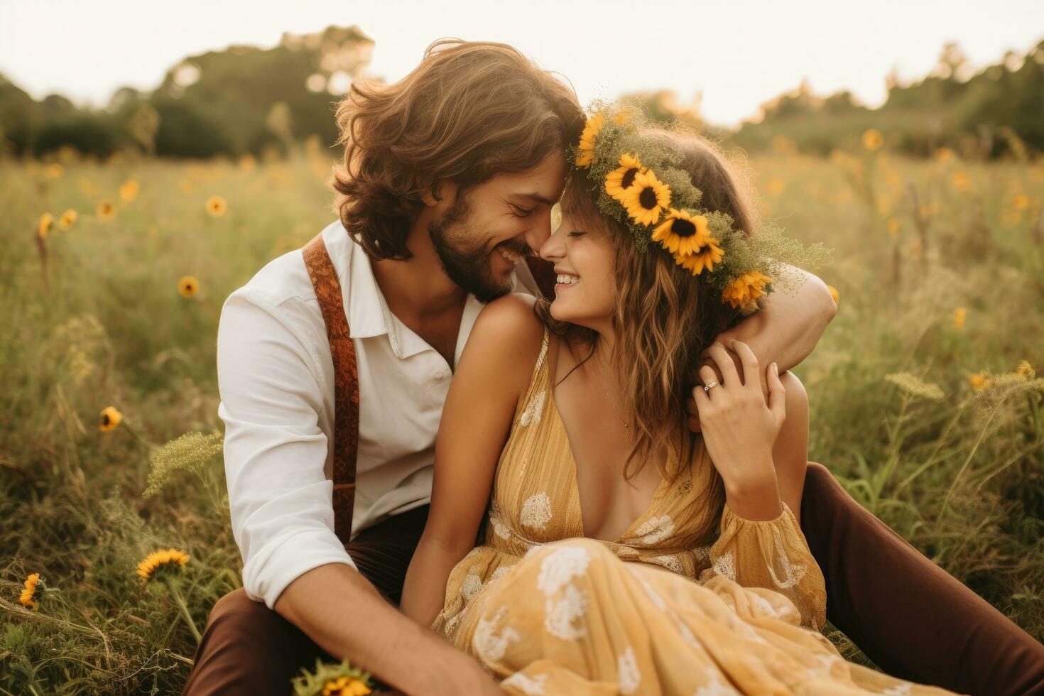 ai generado contento Pareja en amor abrazando y besos en el campo con girasoles, un boho Boda en un girasol campo, ai generado foto