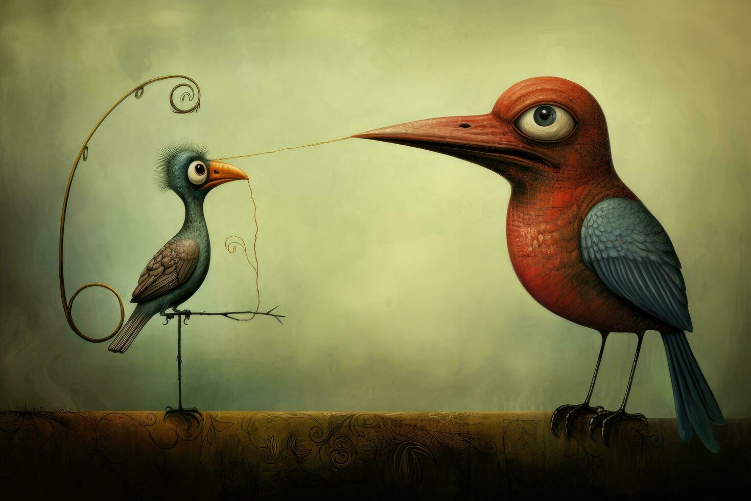 AI generated Two birds with fishing rod on a wooden fence. Vintage style, A bird passing a message to another through a worm, AI Generated photo