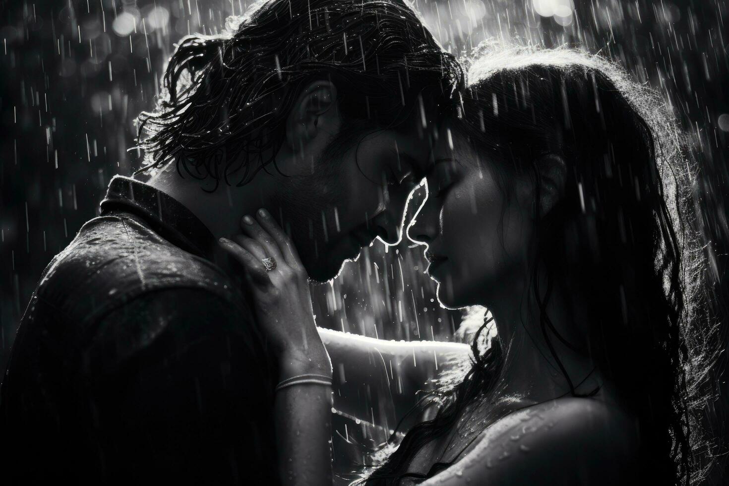 ai generado negro y blanco retrato de joven Pareja en amor debajo el lluvia, un negro y blanco retrato de un Pareja compartiendo un apasionado Beso en el lluvia, ai generado foto