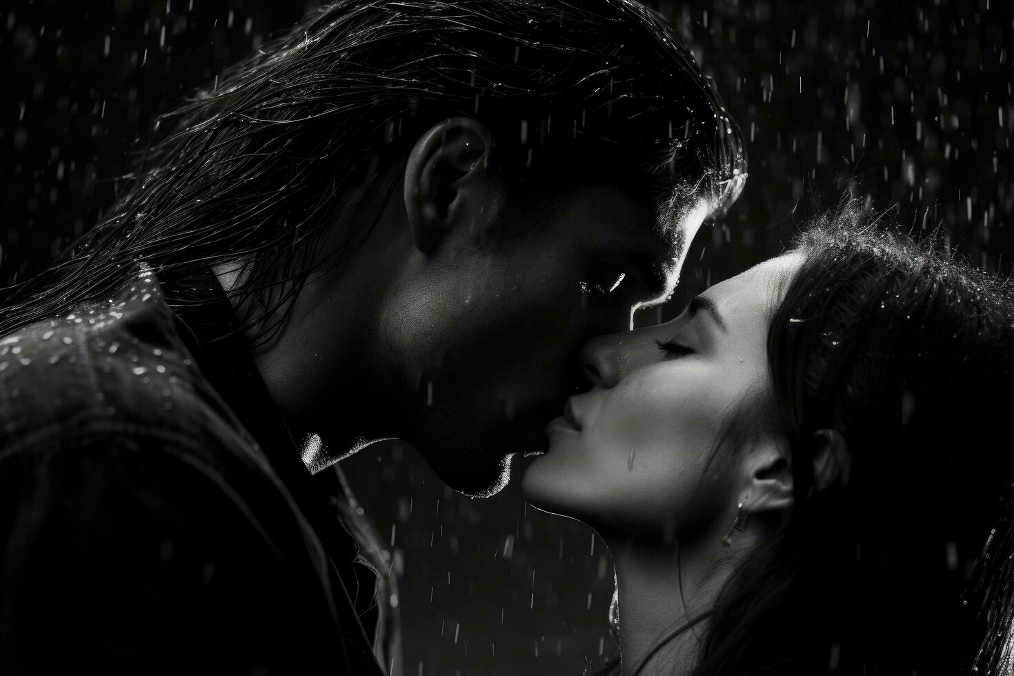 AI generated Portrait of beautiful young couple kissing under rain. Black and white, A black and white portrait of a couple sharing a passionate kiss in the rain, AI Generated photo