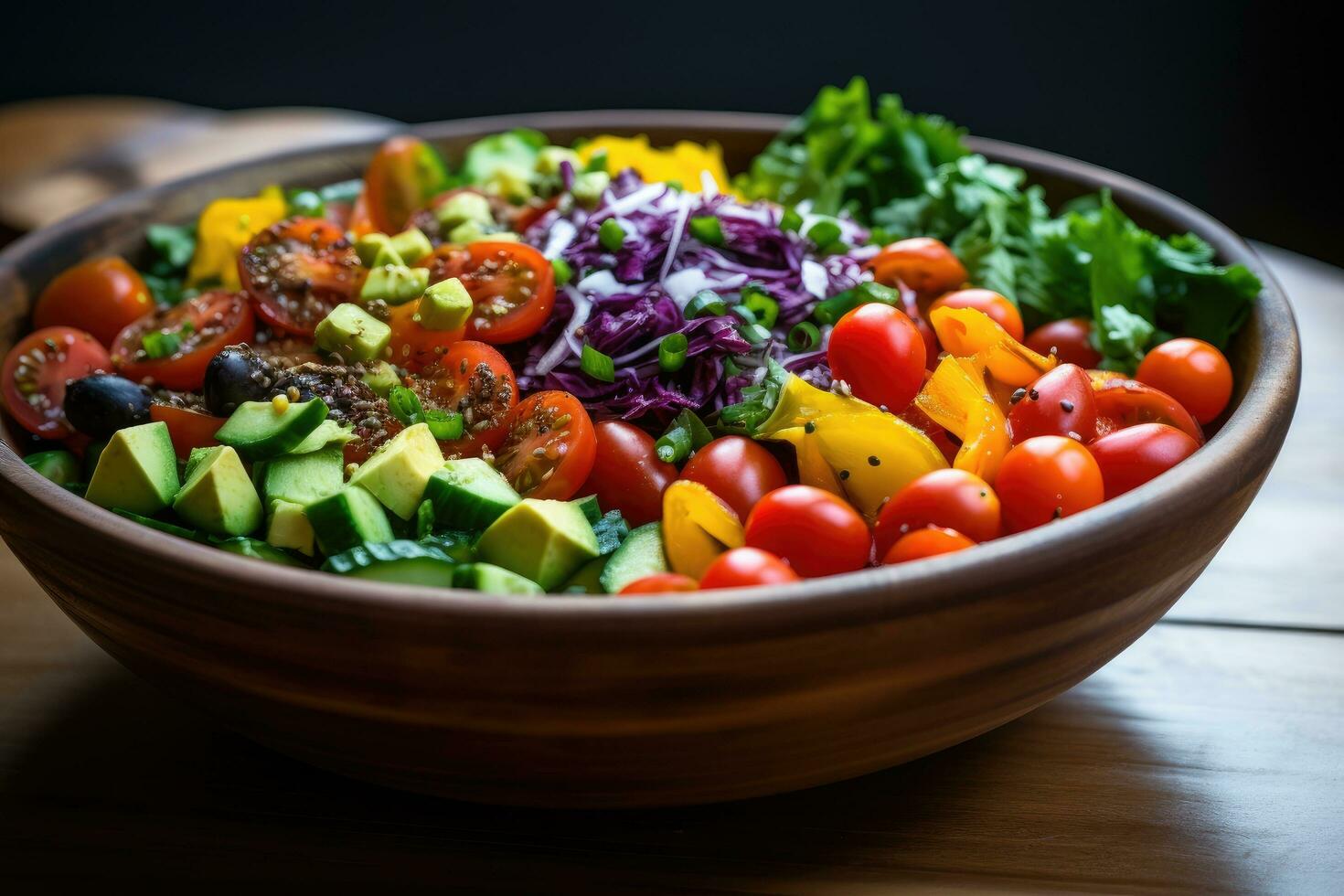 AI generated Healthy salad with avocado, tomato, cucumber and red cabbage, A bowl of colorful salad loaded with a variety of veggies, AI Generated photo