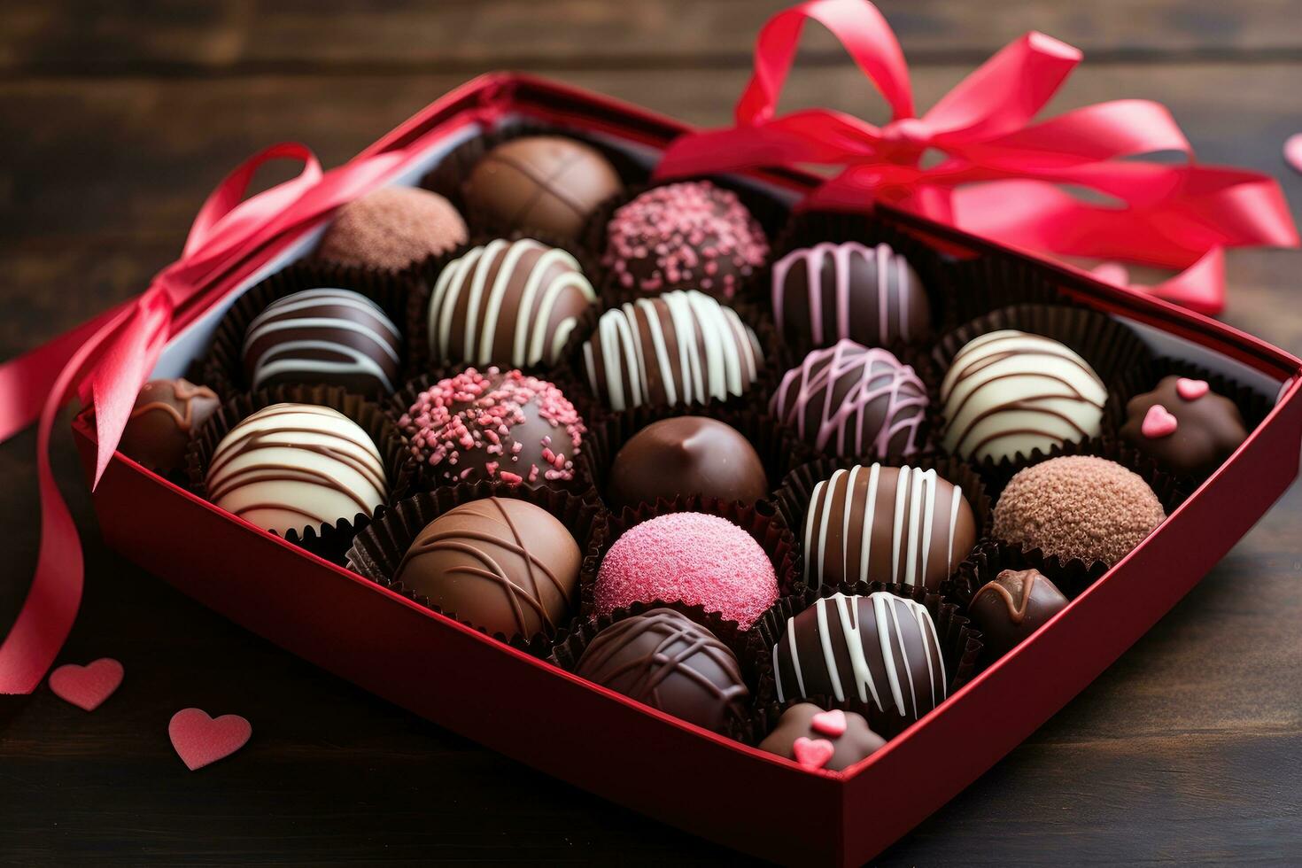 AI generated Box of assorted chocolates on wooden table, closeup view, A box of assorted Valentine's Day chocolates, AI Generated photo