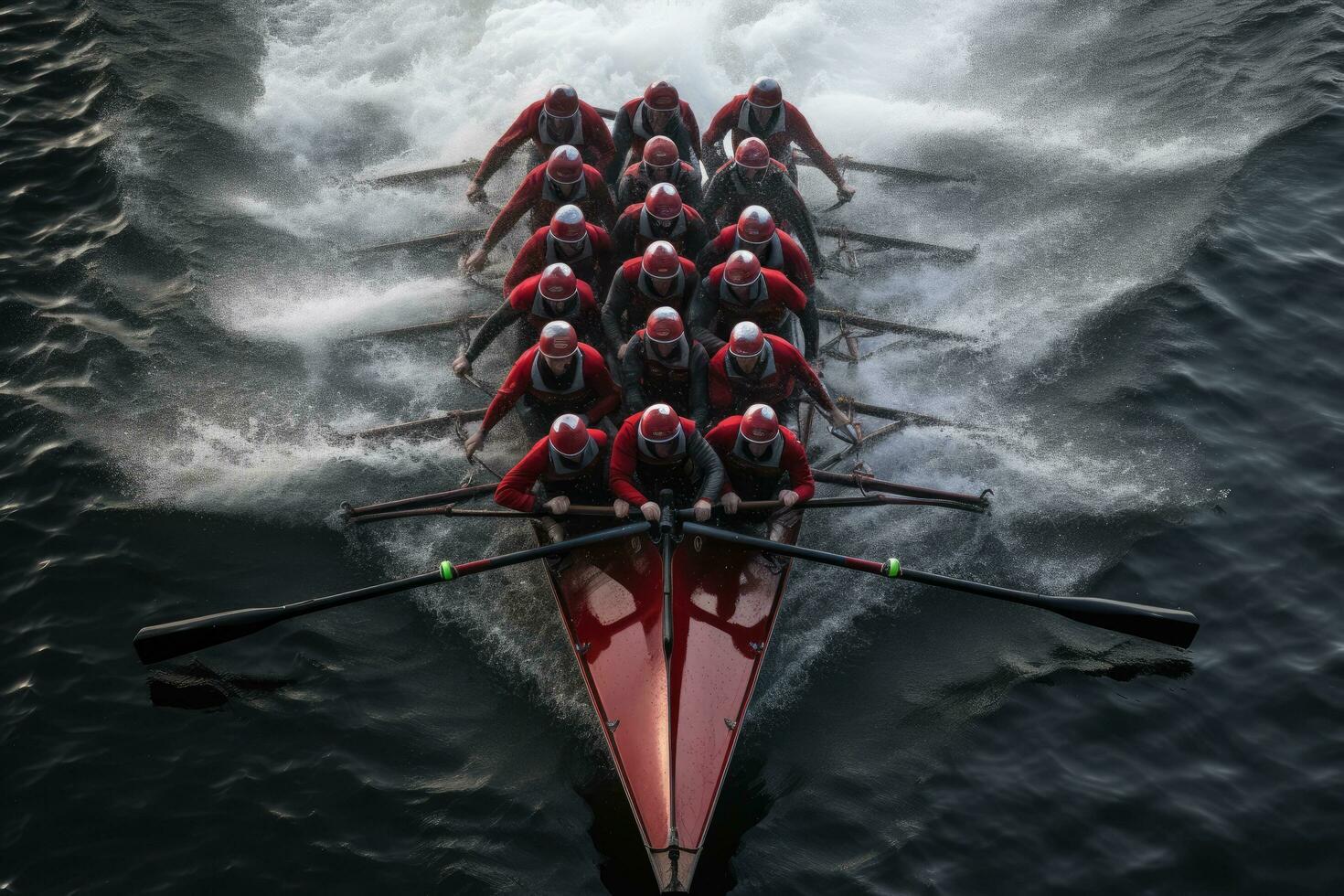 AI generated Harvard University races in the Head of Charles Regatta in Boston, MA, A bird's-eye view of a rowing team in perfect sync, AI Generated photo