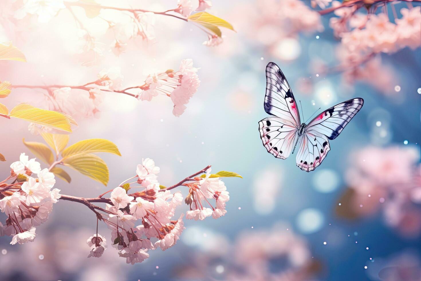 AI generated Beautiful cherry blossom and butterfly. Spring background. Soft focus, AI Generated photo