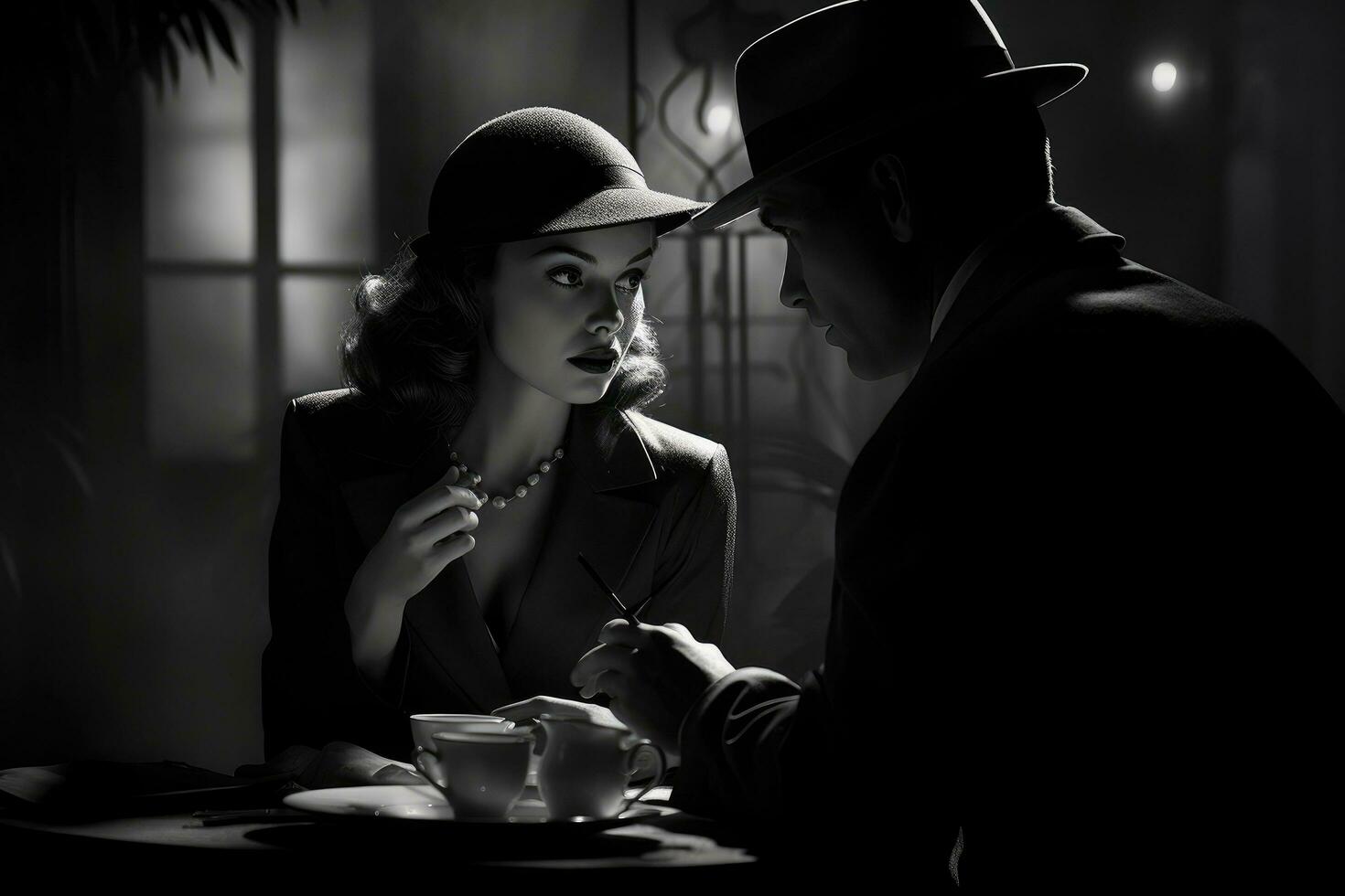 AI generated Retro couple in cafe at night. Black and white photo, 1940's film noir detective scene, AI Generated photo