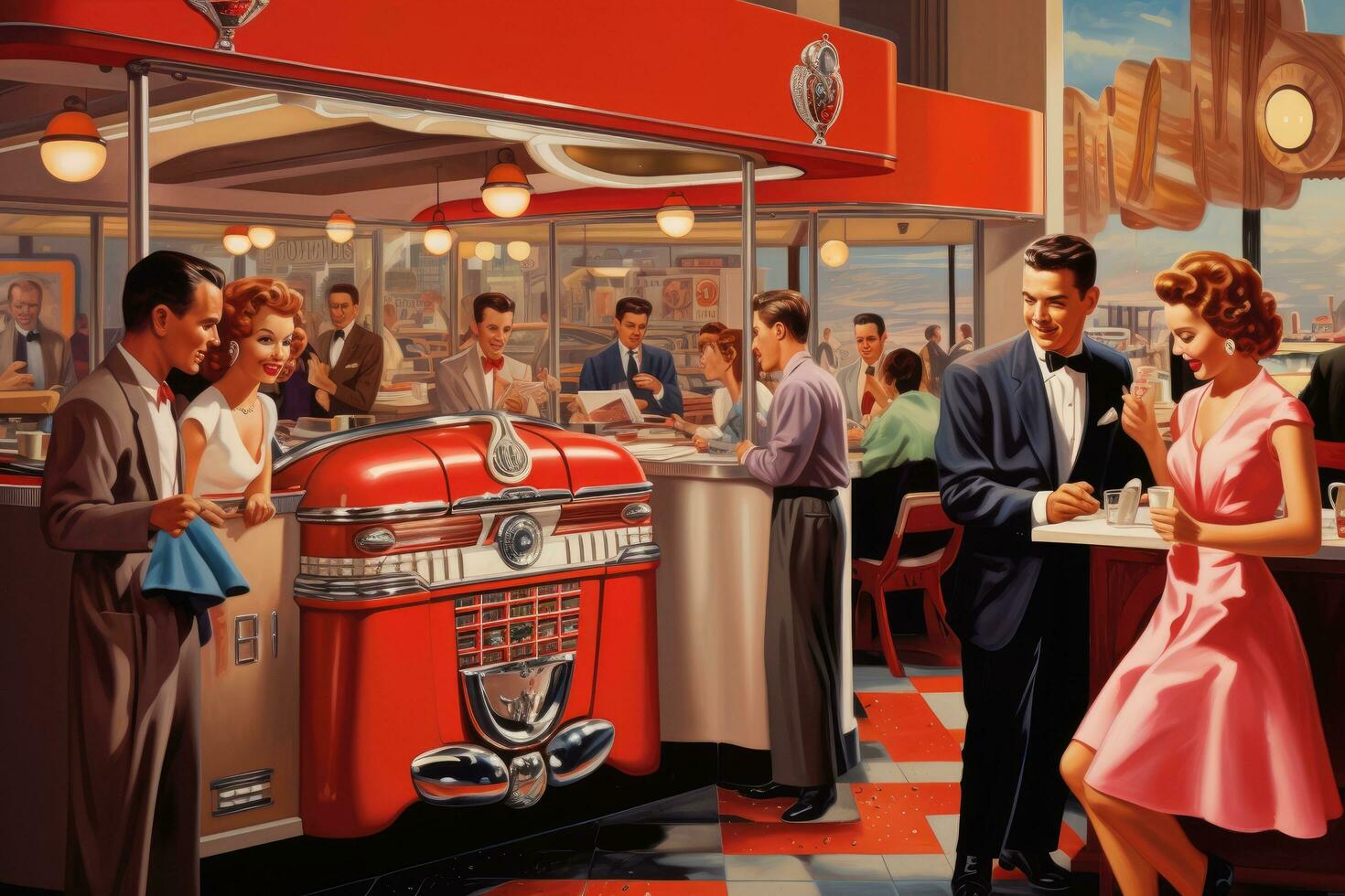 AI generated Retro 1950s diner interior with people drinking beer and talking, 1950s diner scene with jukebox and dancing couples, AI Generated photo