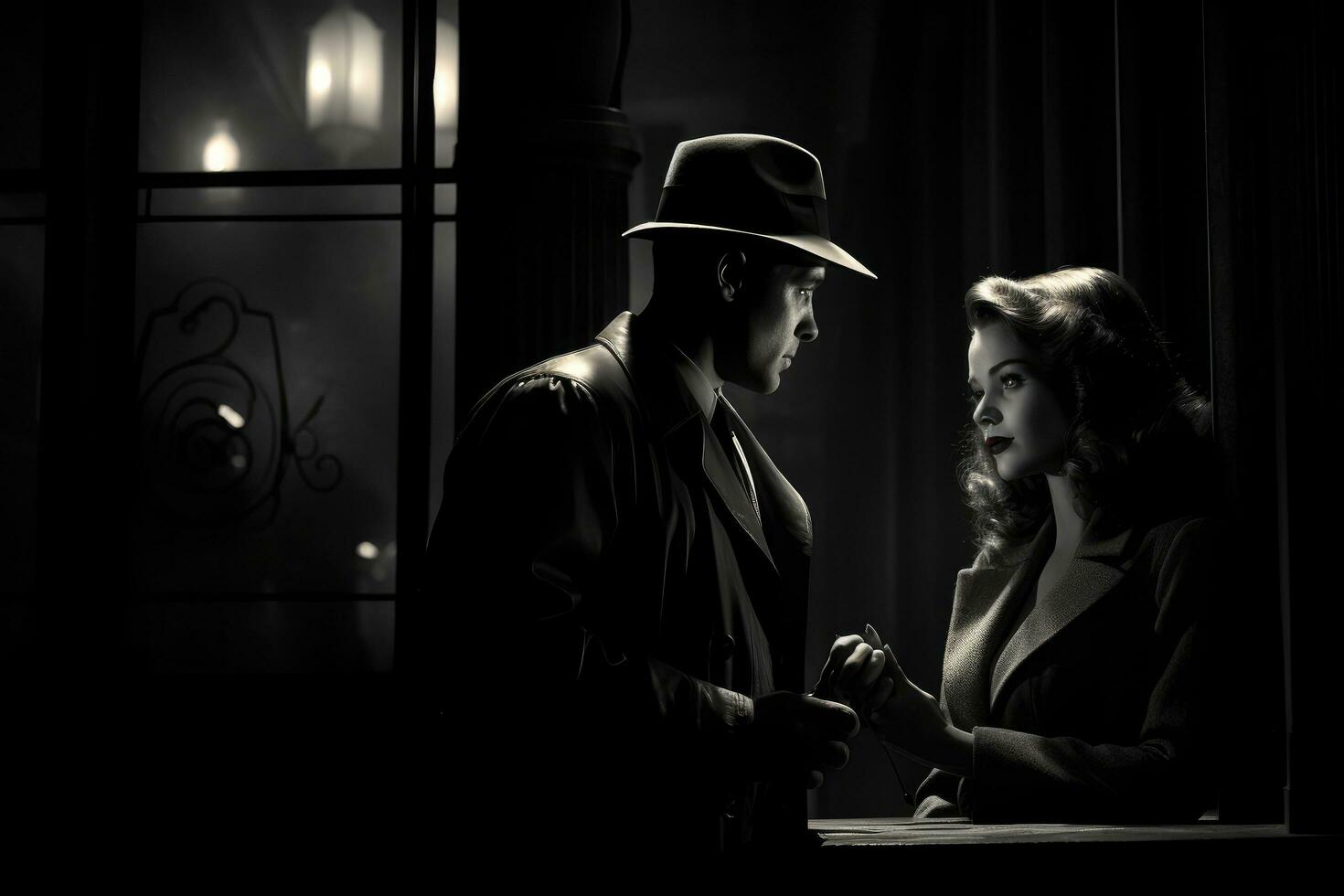 AI generated Retro style portrait of a man in a hat and a woman in a restaurant, 1940's film noir detective scene, AI Generated photo