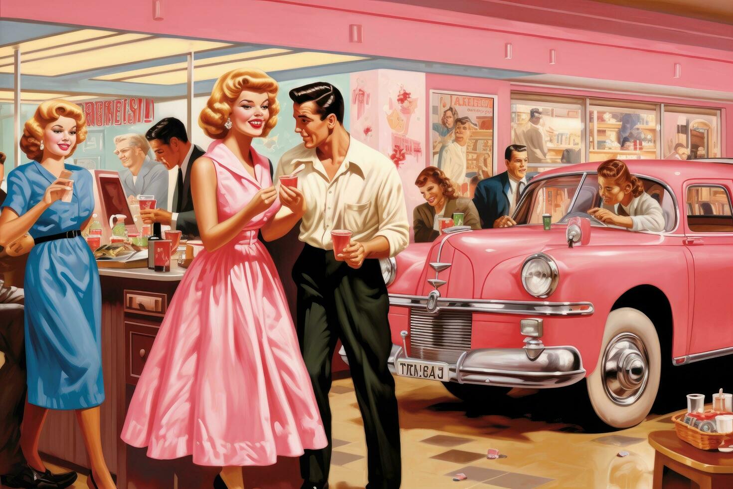AI generated Retro car and people in a retro car showroom, retro car, 1950s diner scene with jukebox and dancing couples, AI Generated photo
