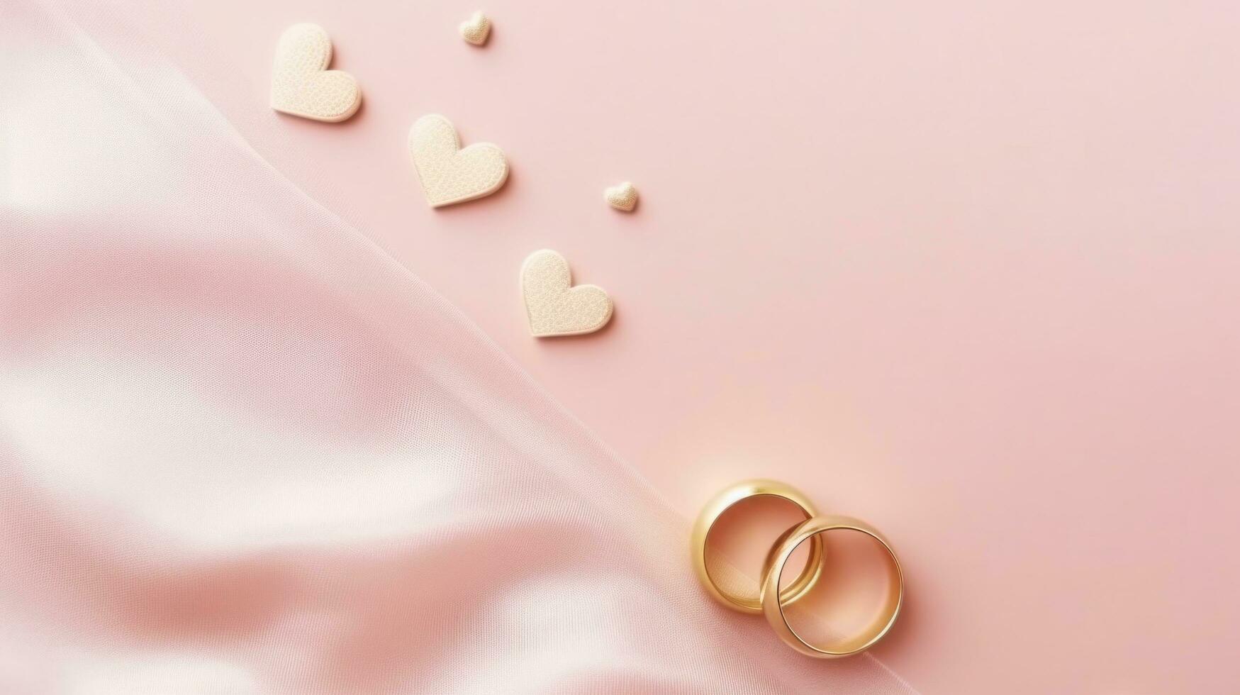 AI generated pink pastel valentines day background with copy space and wedding golden rings photo