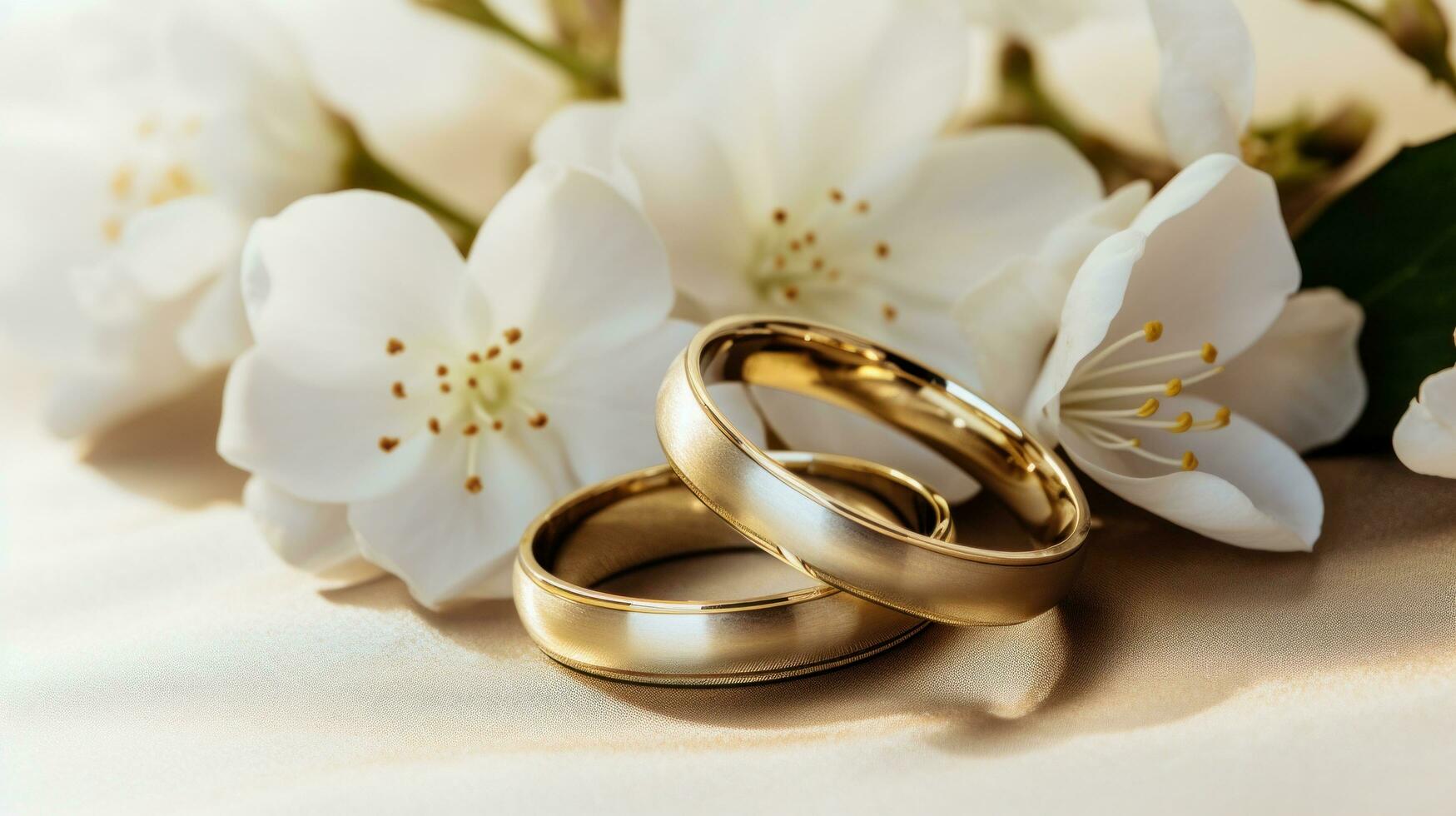 ai generado oro Boda anillos en blanco flores foto