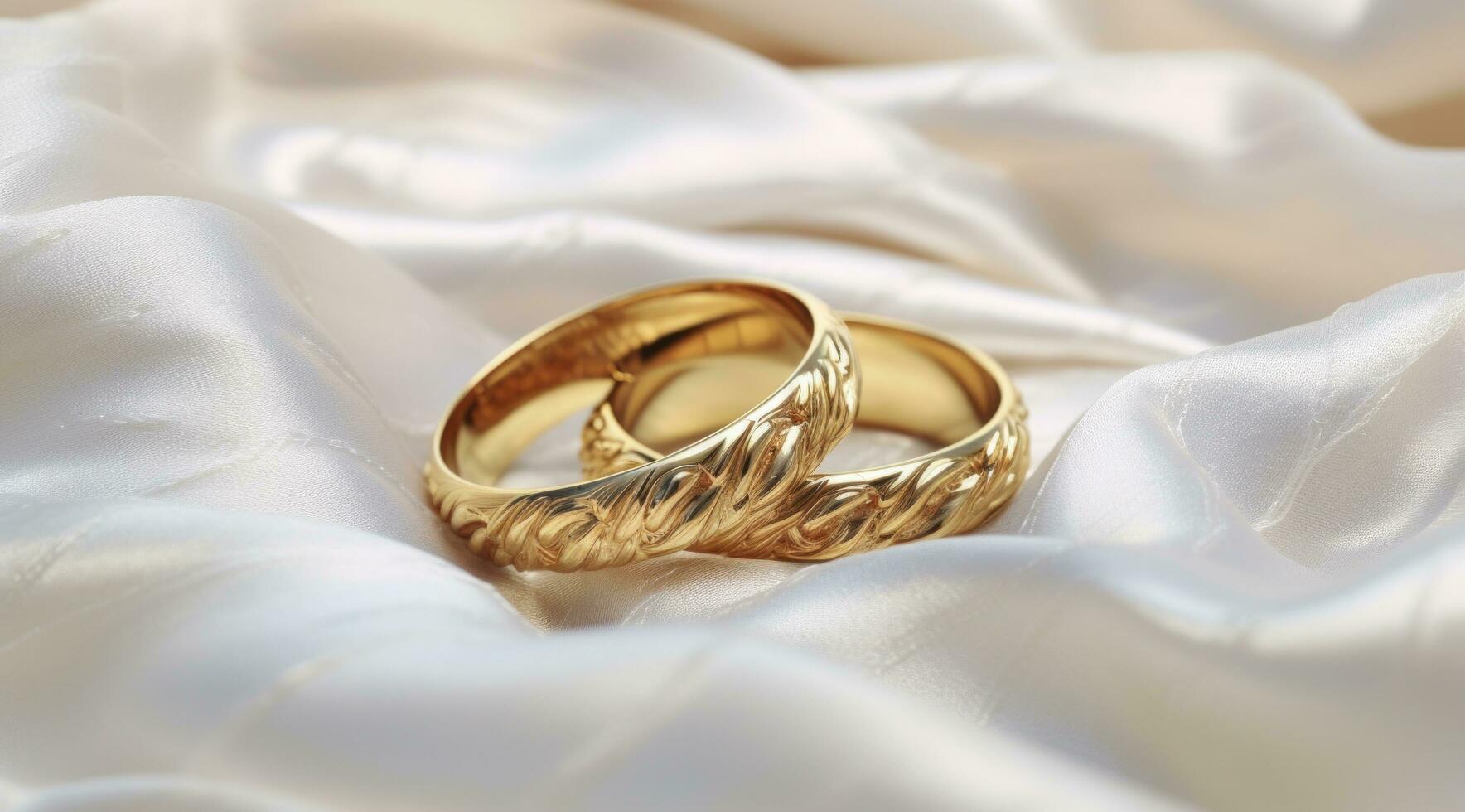 ai generado oro y blanco Boda anillos en un blanco mesa paño foto