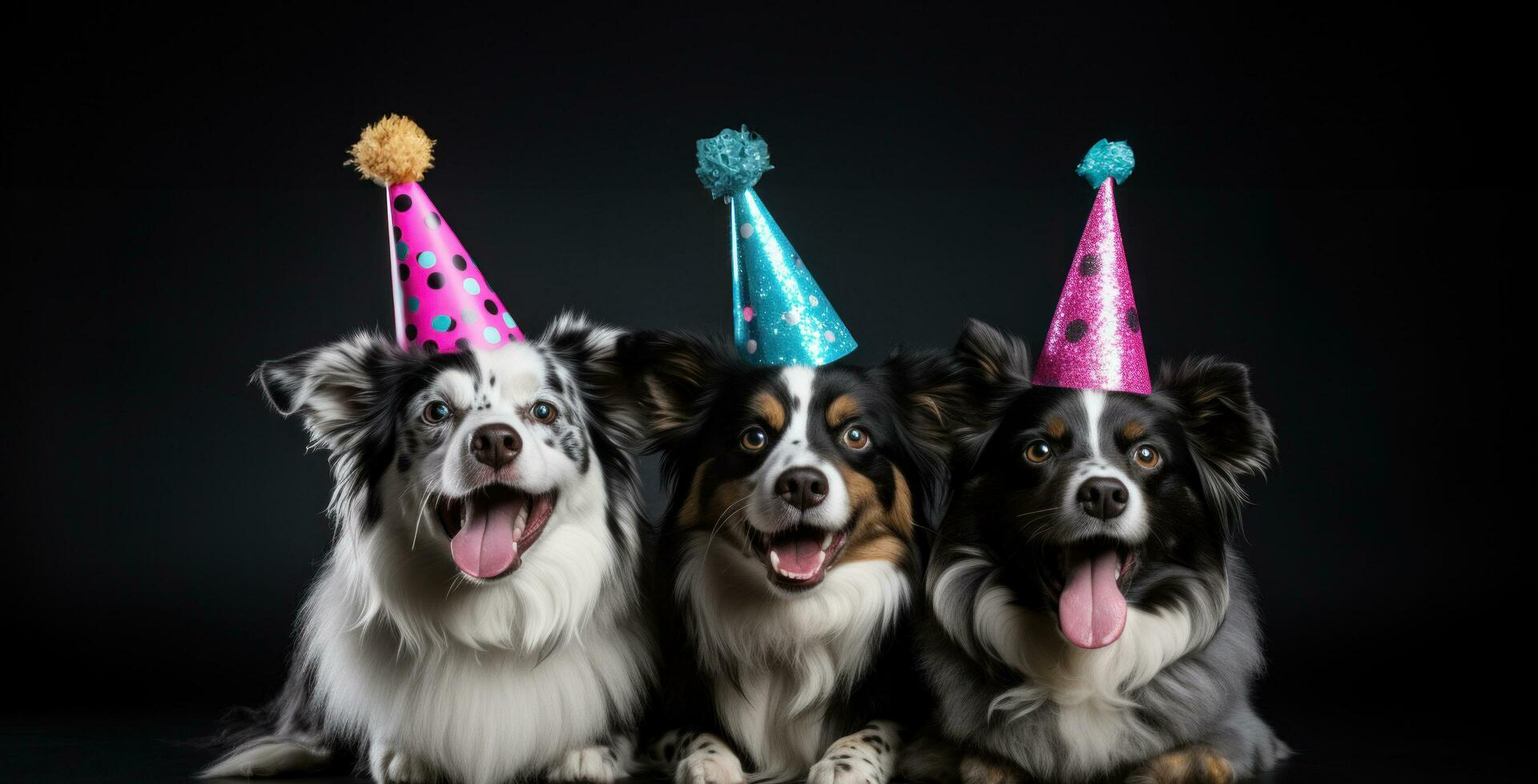 ai generado Tres perros en fiesta sombreros en pie terminado un negro antecedentes foto