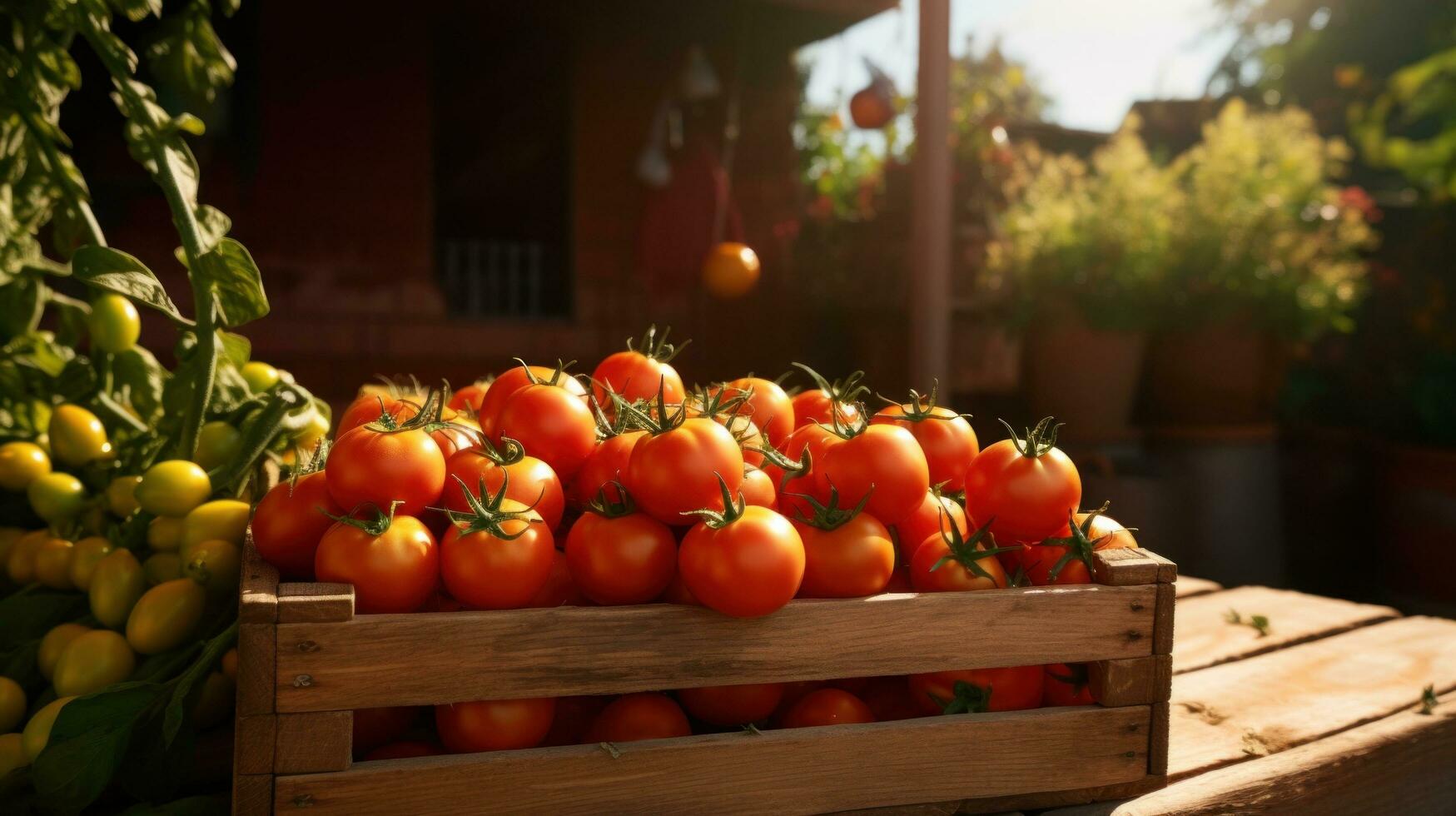 ai generado Tomates son maduro en un caja en un pequeño jardín foto