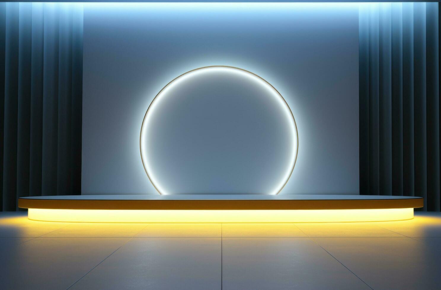 AI generated the stage of the event with blue lights and a neon light photo