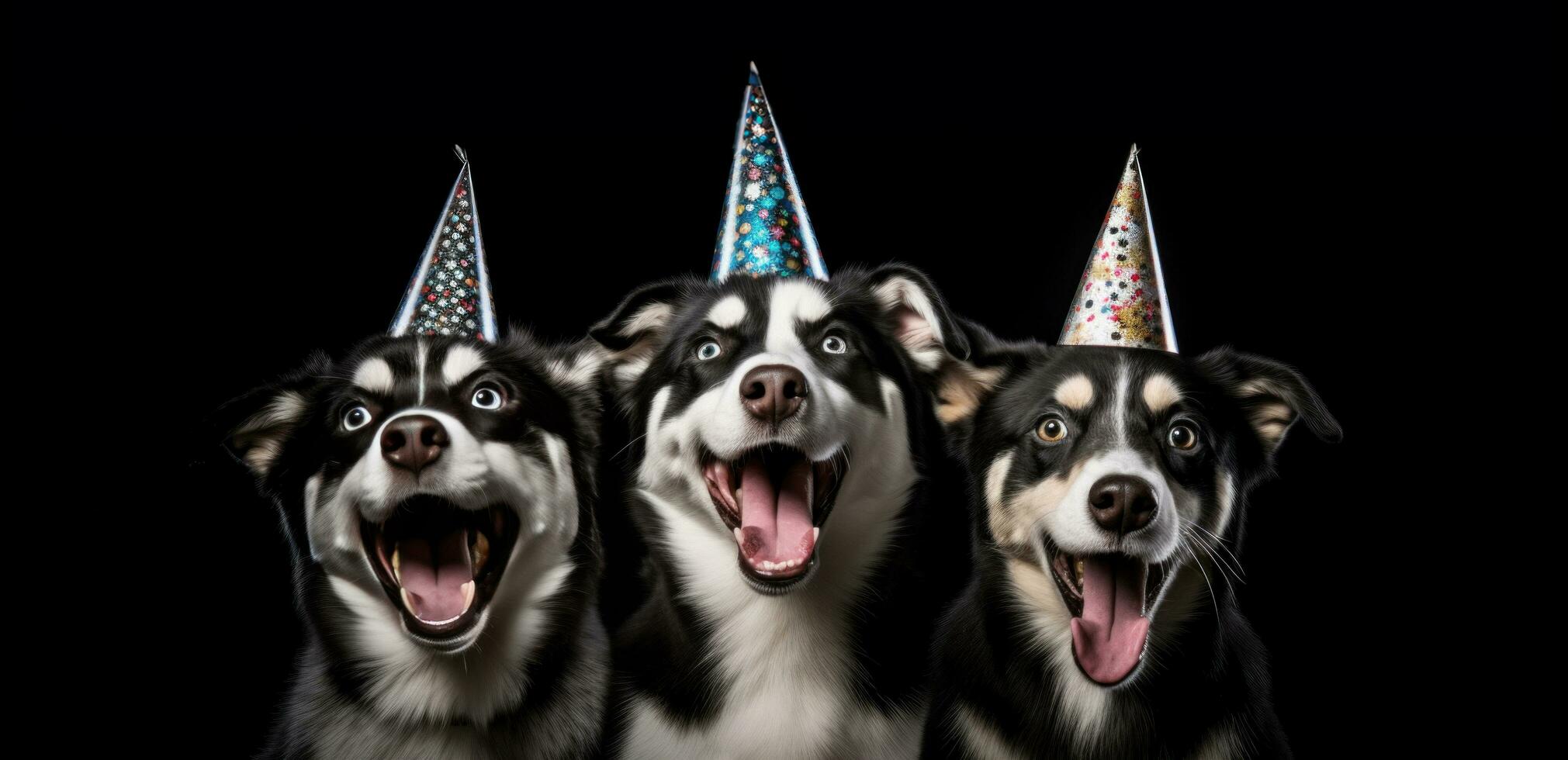 ai generado Tres perros en fiesta sombreros en pie terminado un negro antecedentes foto