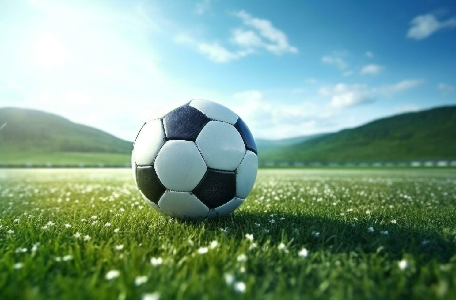 AI generated soccer ball in the open field at the stadium photo